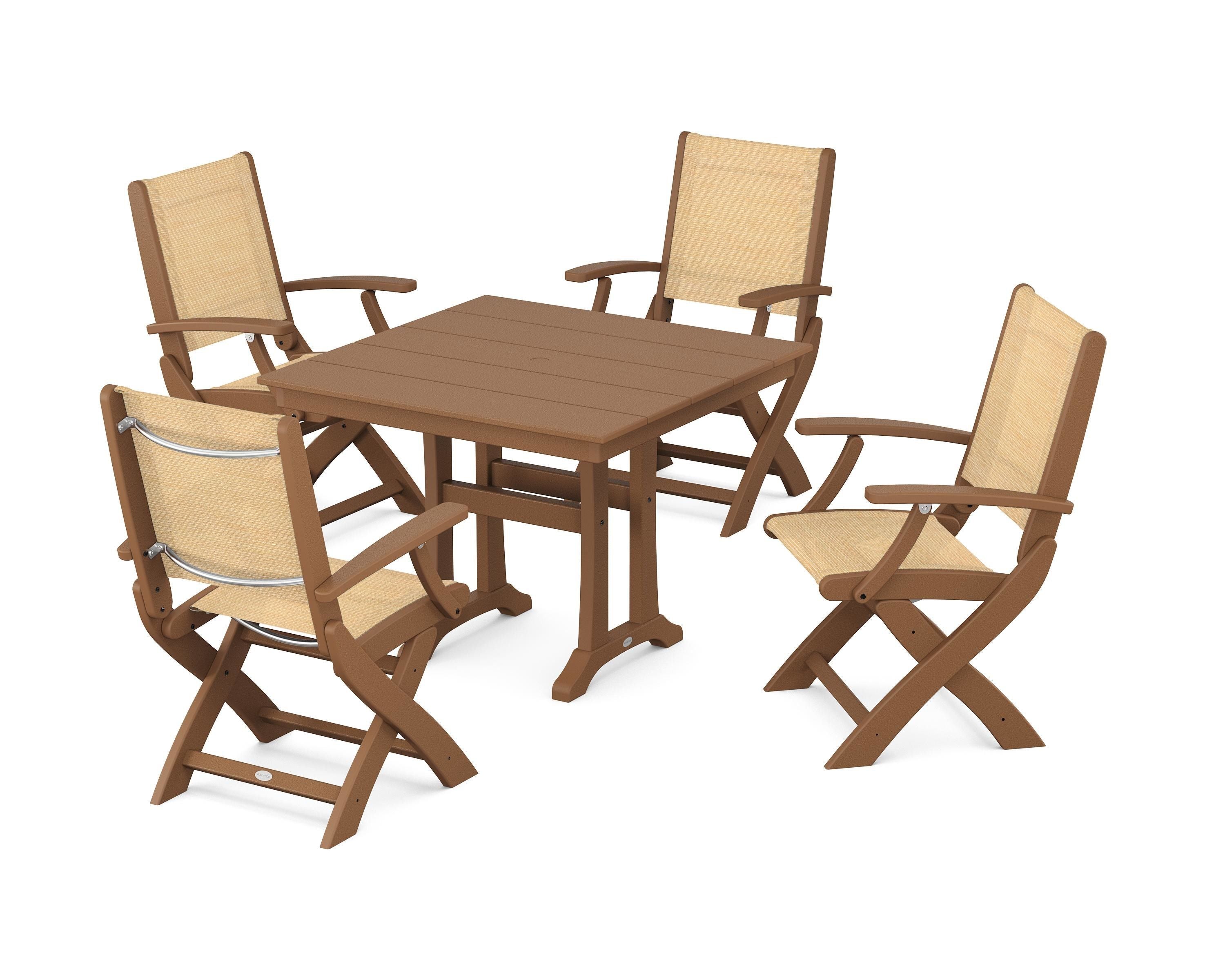 POLYWOOD Coastal Folding Chair 5-Piece Farmhouse Dining Set With Trestle Legs in Teak / Dupioni Apricot Sling