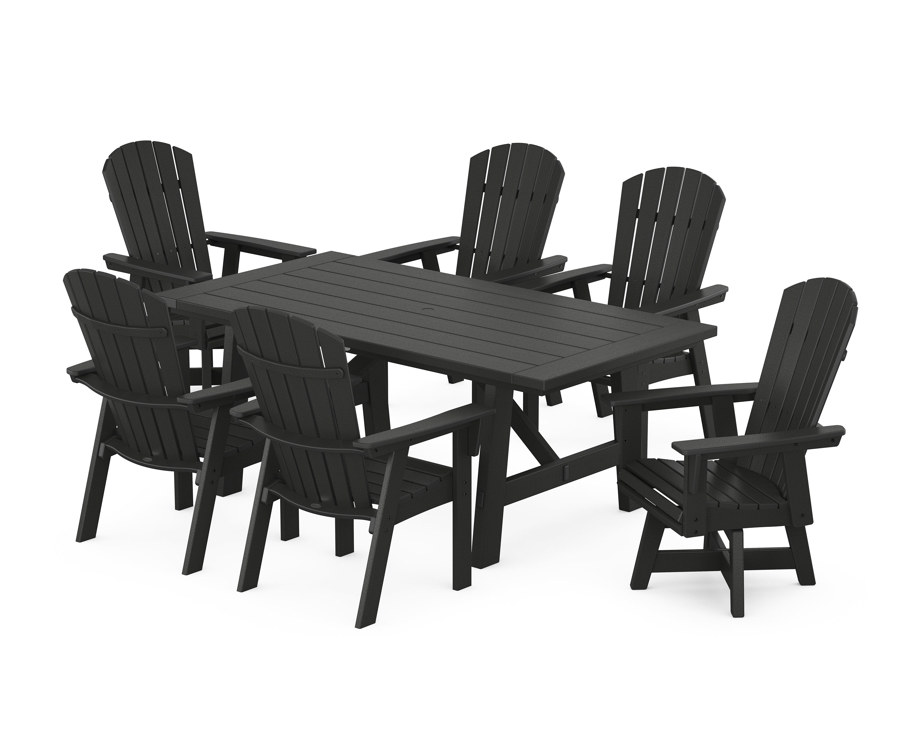 POLYWOOD® Nautical Curveback Adirondack Swivel Chair 7-Piece Rustic Farmhouse Dining Set in Black
