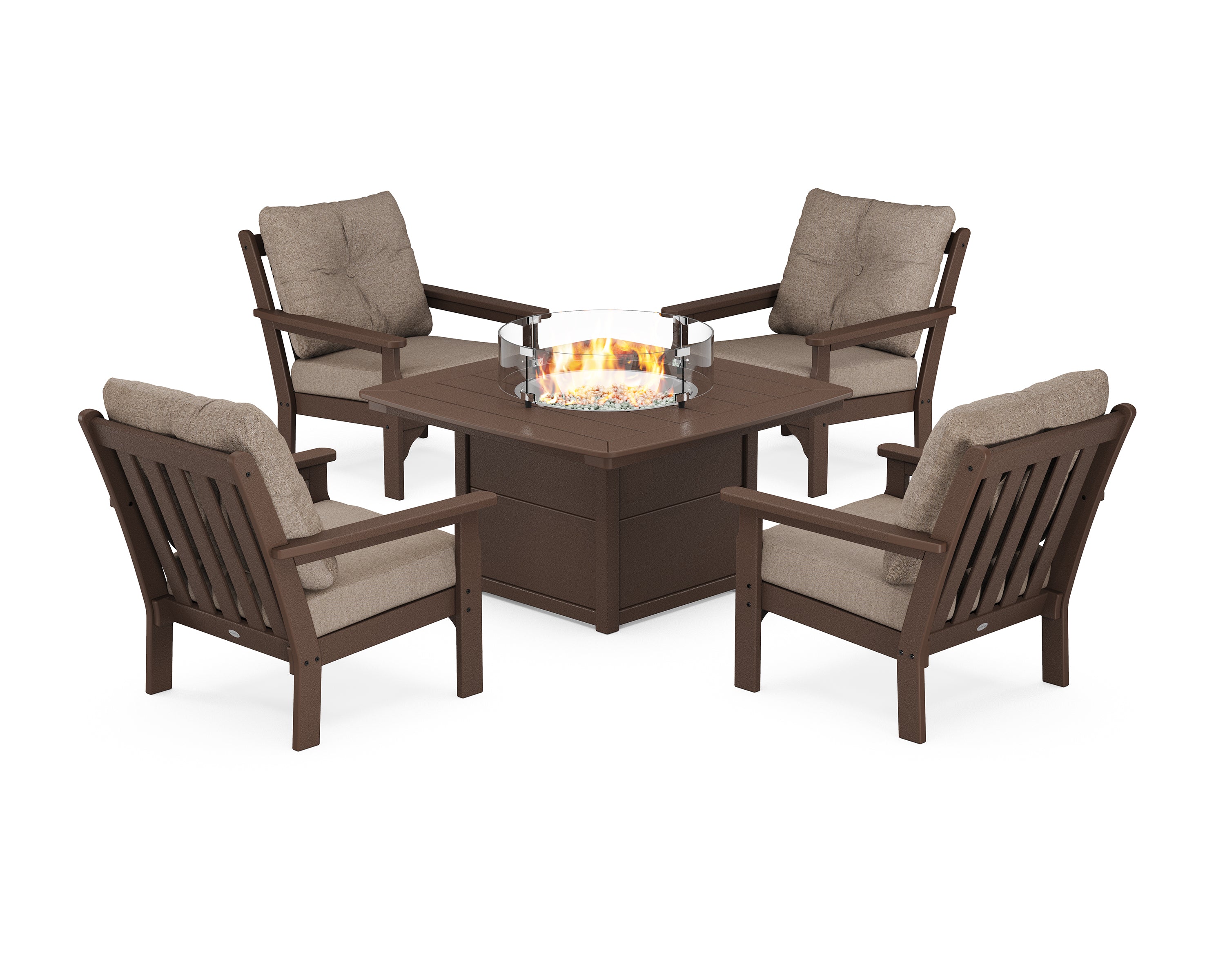 POLYWOOD Vineyard 5-Piece Conversation Set with Fire Pit Table in Mahogany / Spiced Burlap