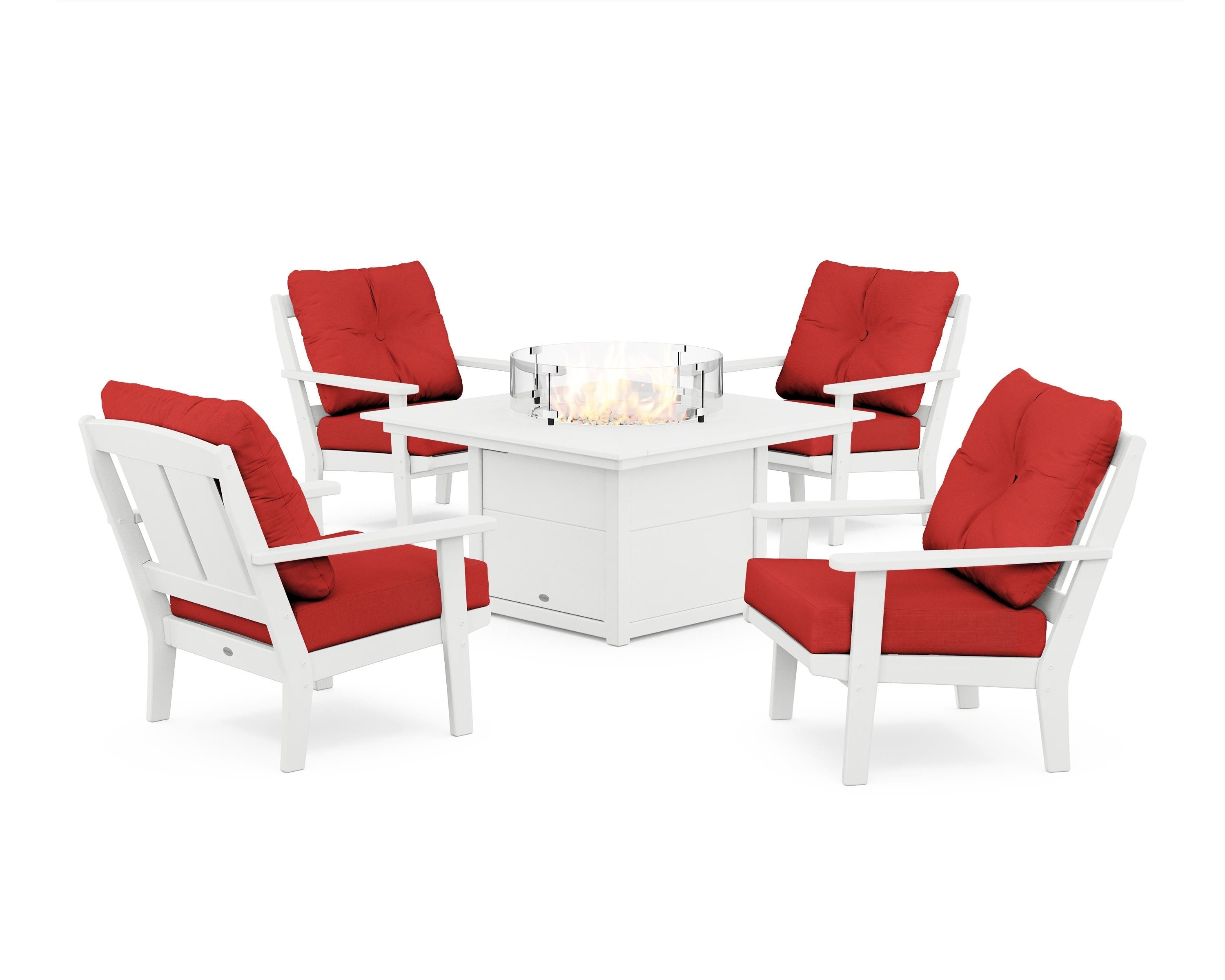 POLYWOOD Mission 5-Piece Deep Seating Set with Fire Pit Table in White / Crimson Linen