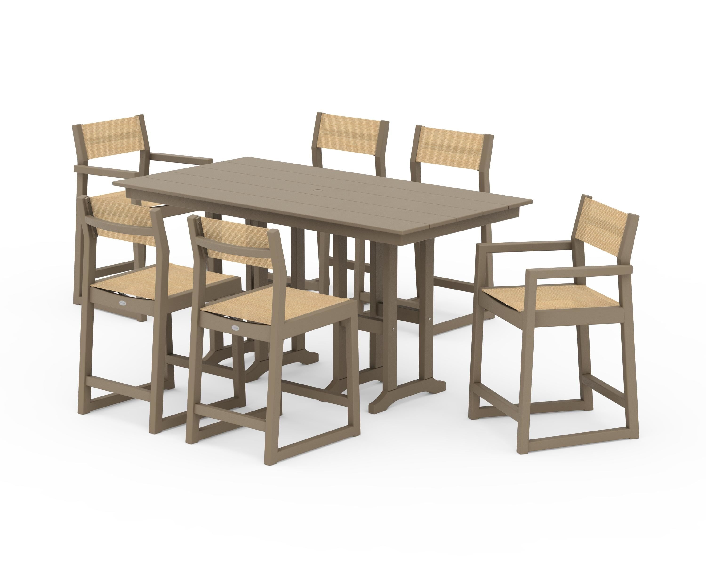 POLYWOOD EDGE Sling 7-Piece Farmhouse Counter Set with Trestle Legs in Vintage Sahara / Dupioni Apricot Sling