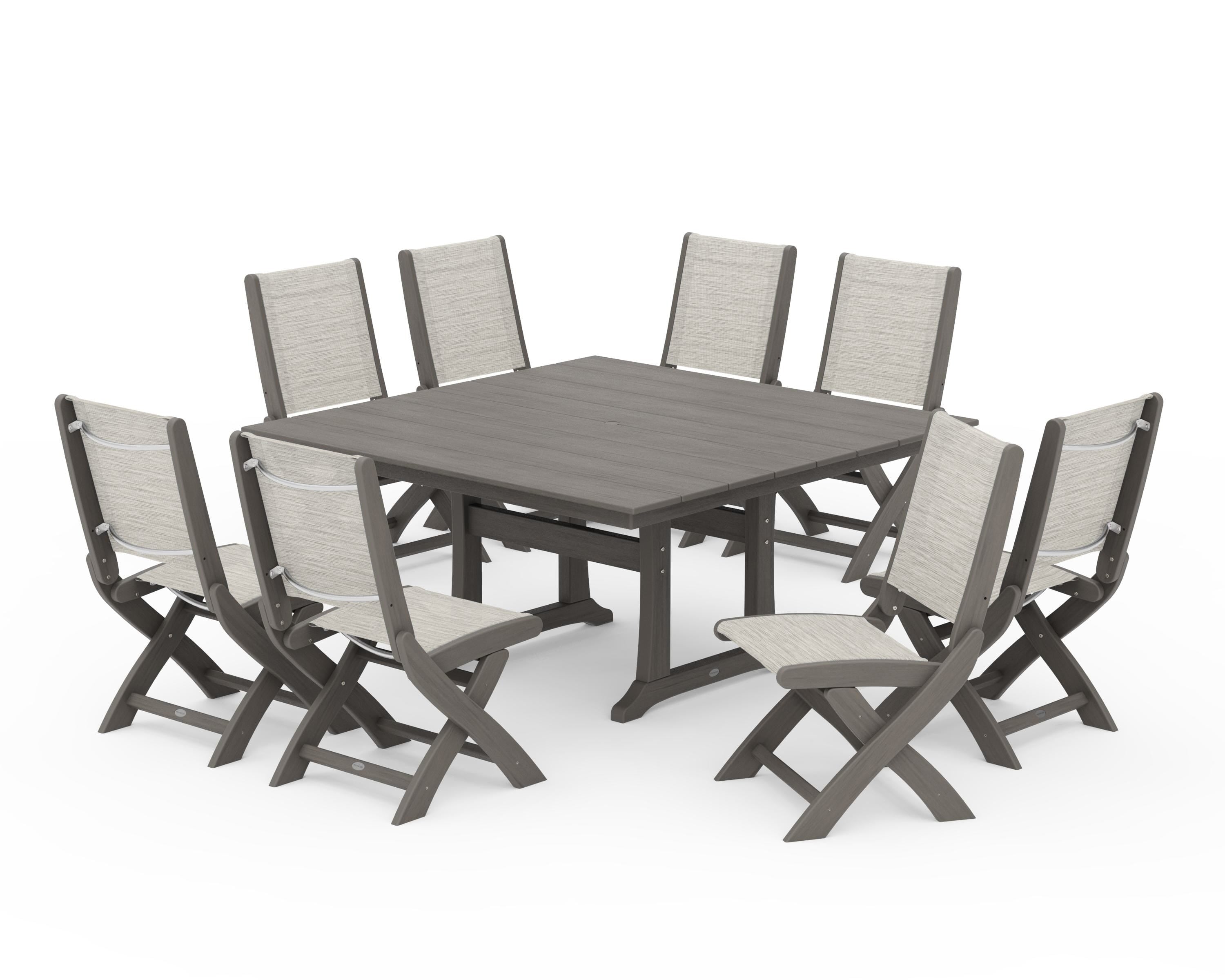 POLYWOOD Coastal Folding Side Chair 9-Piece Farmhouse Dining Set in Driftwood / Birch Sling