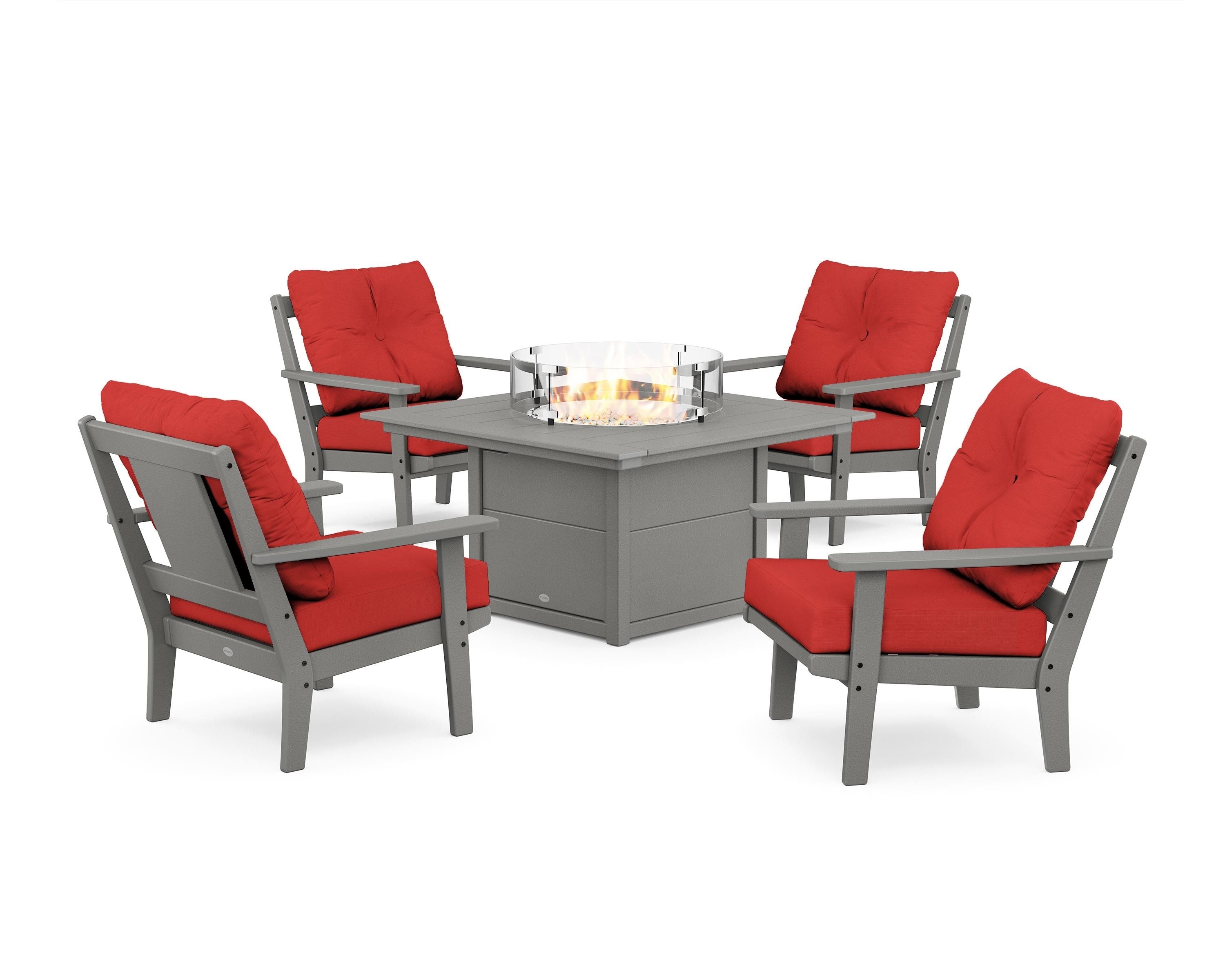 POLYWOOD Prairie 5-Piece Deep Seating Set with Fire Pit Table in Slate Grey / Crimson Linen