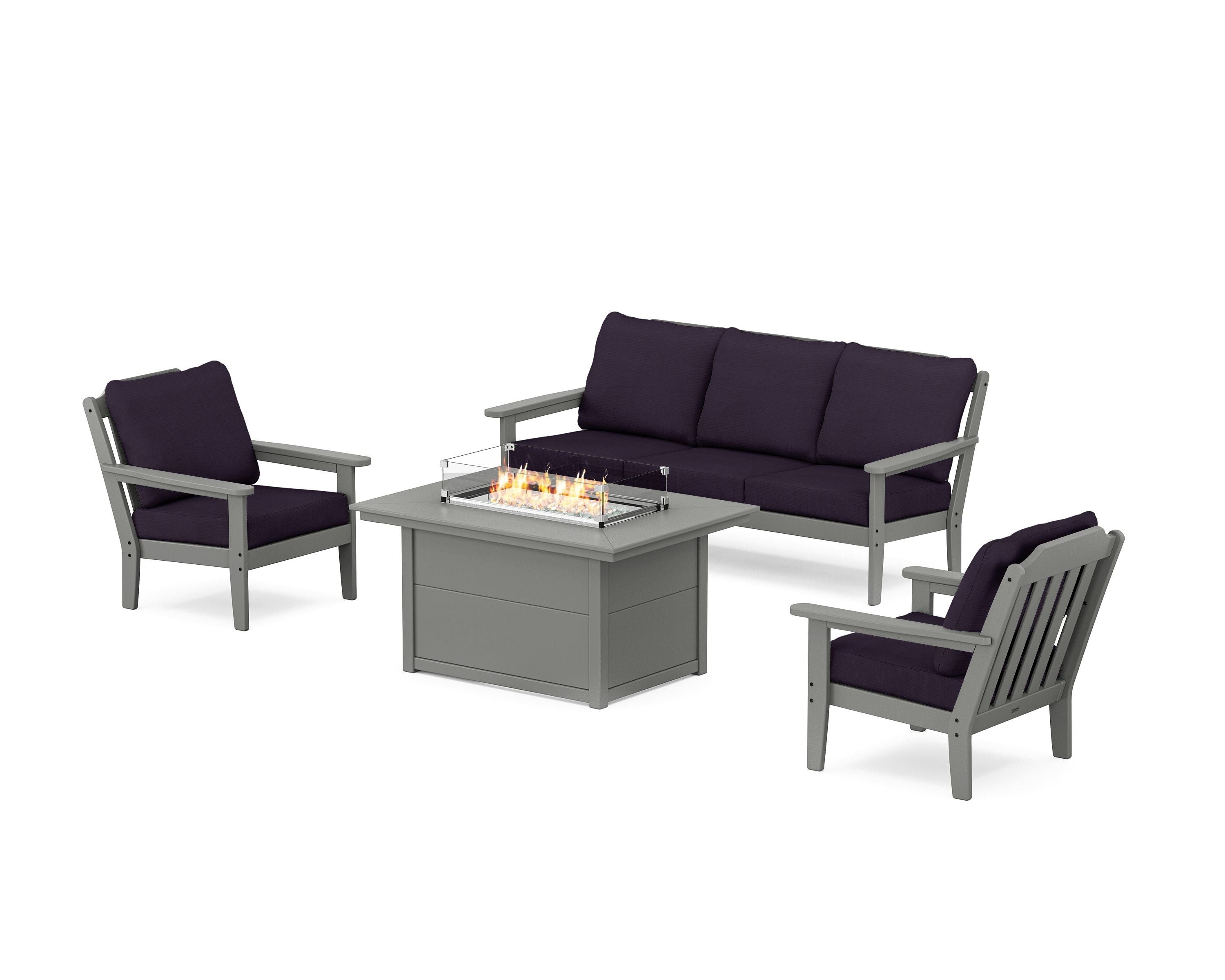Country Living Cottage Deep Seating Fire Pit Table Set in Slate Grey / Navy Linen