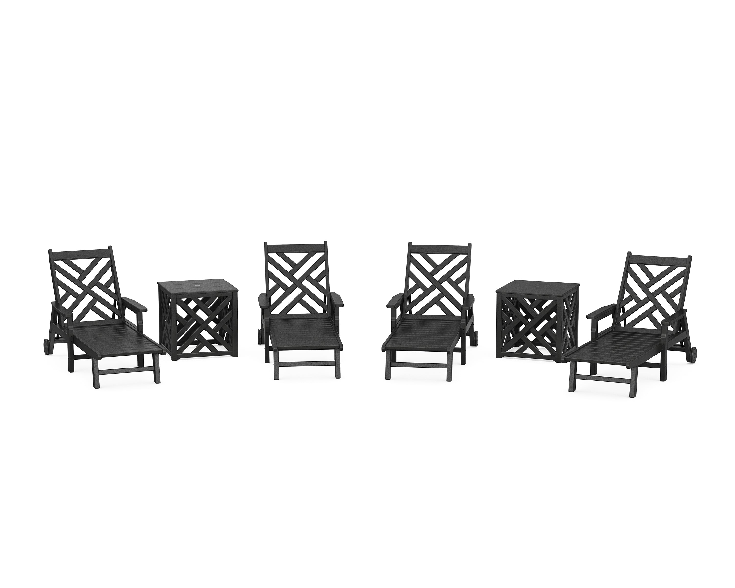 POLYWOOD Chippendale 6-Piece Chaise Set with Umbrella Stand Accent Table in Black