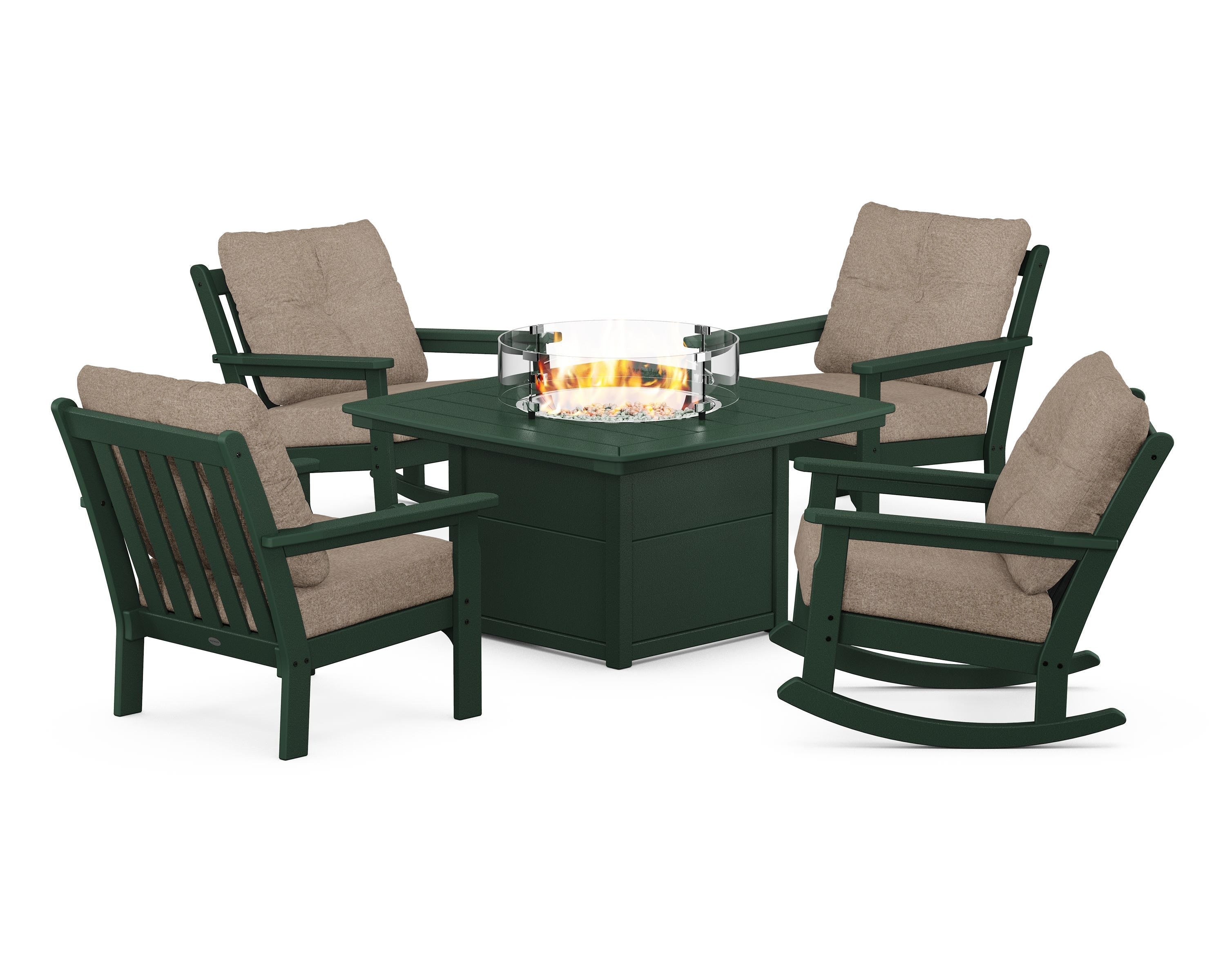 POLYWOOD Vineyard 5-Piece Deep Seating Rocking Chair Conversation Set with Fire Pit Table in Green / Spiced Burlap