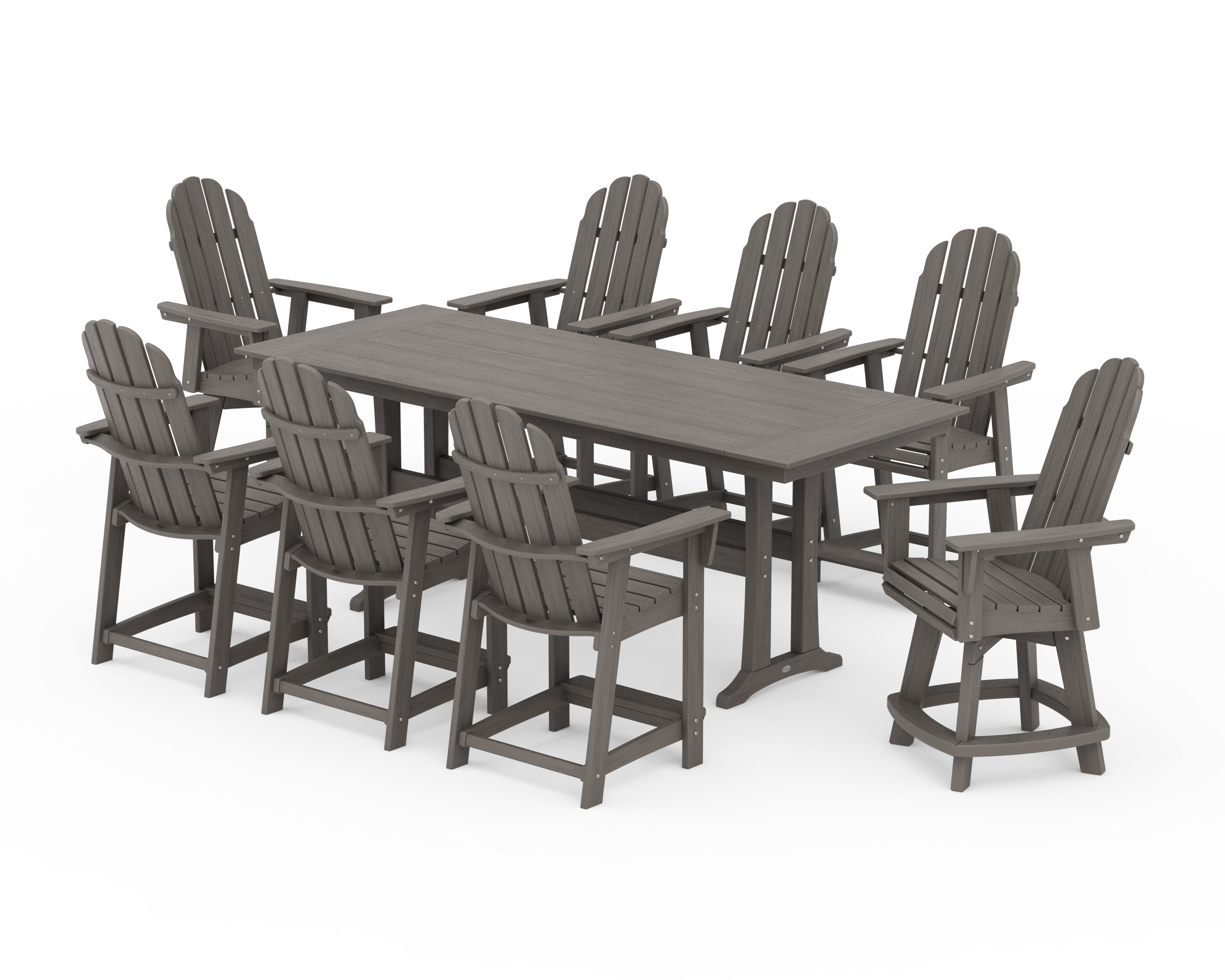 POLYWOOD Vineyard Curveback Adirondack Swivel 9-Piece Farmhouse Counter Set with Trestle Legs in Driftwood