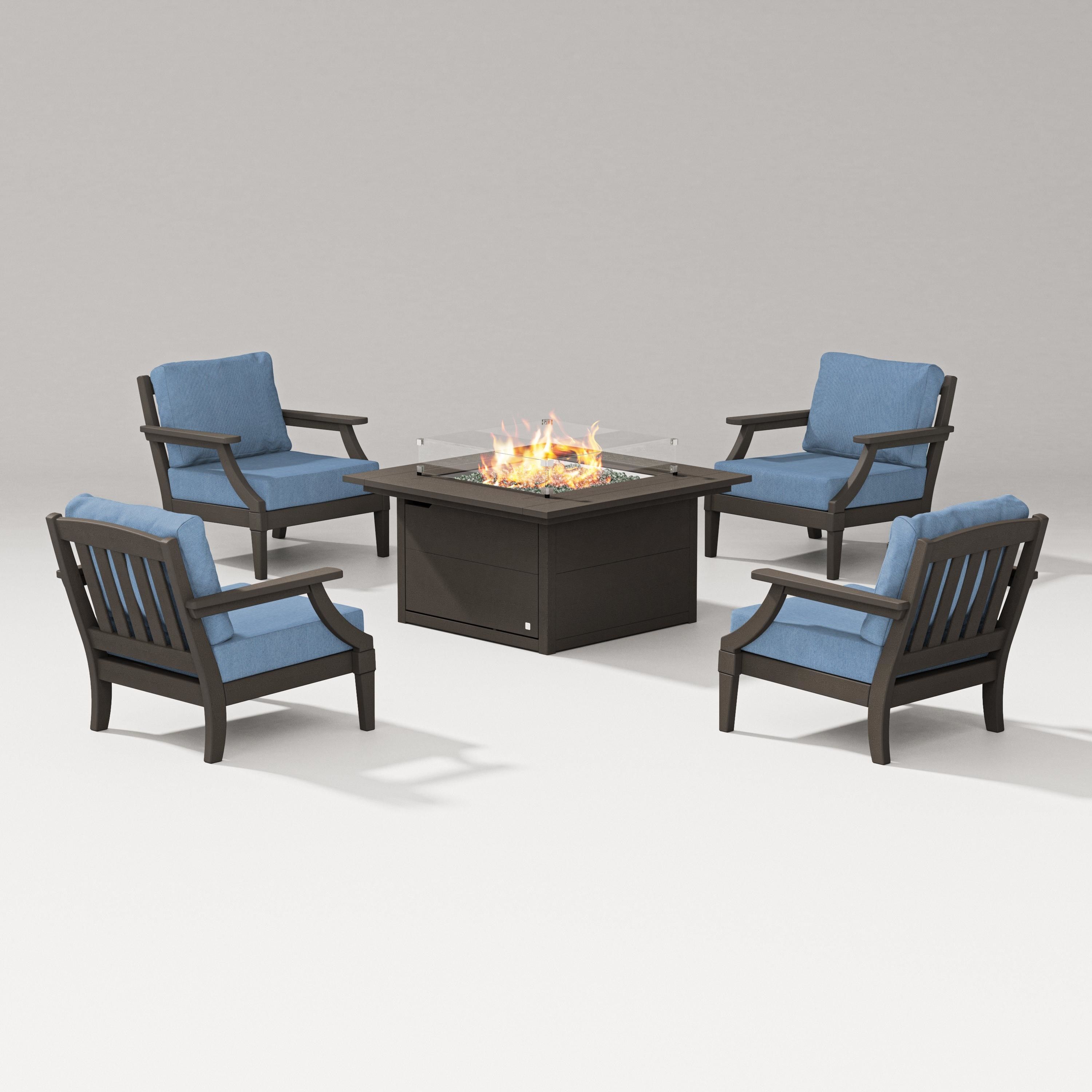 PW Designer Series Estate 5-Piece Lounge Fire Table Set in Vintage Coffee / Sky Blue