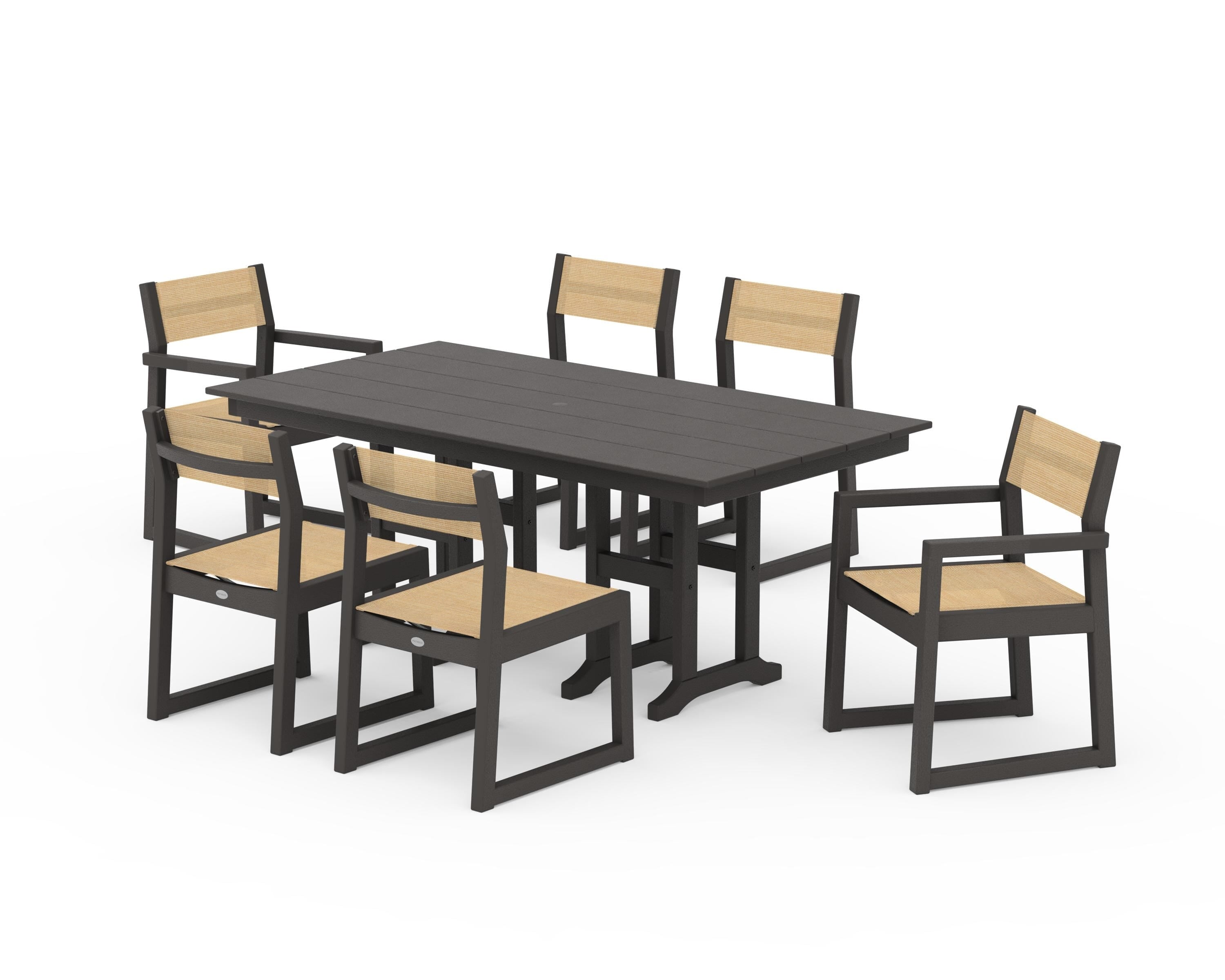 POLYWOOD EDGE Sling 7-Piece Farmhouse Dining Set in Vintage Coffee / Dupioni Apricot Sling