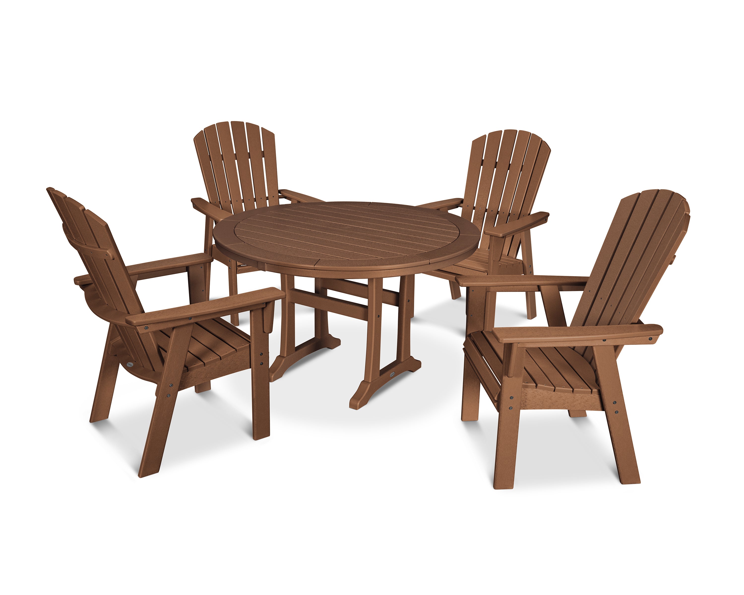 POLYWOOD® Nautical Curveback Adirondack 5-Piece Round Dining Set with Trestle Legs in Teak