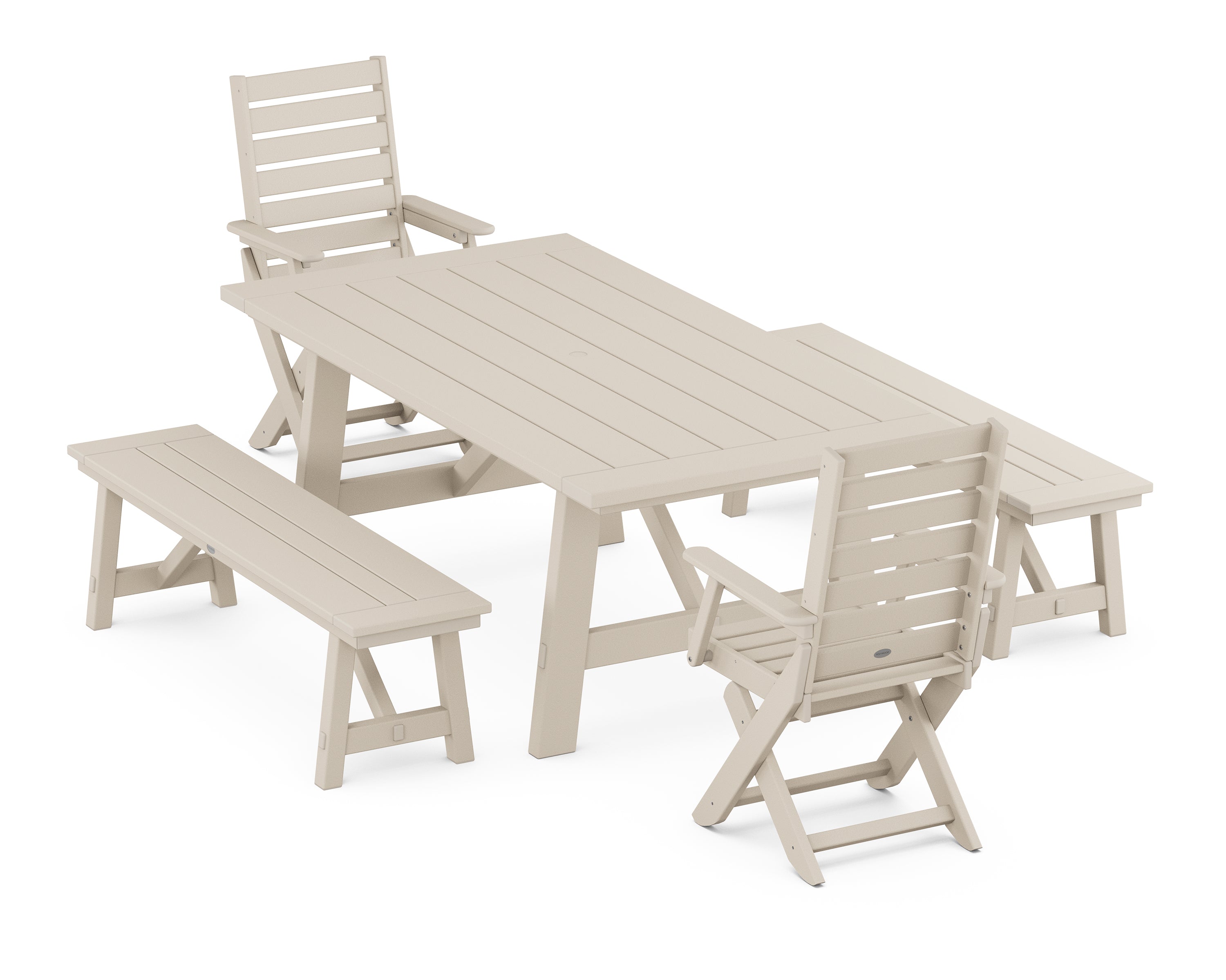 POLYWOOD® Captain Folding Chair 5-Piece Rustic Farmhouse Dining Set With Benches in Sand