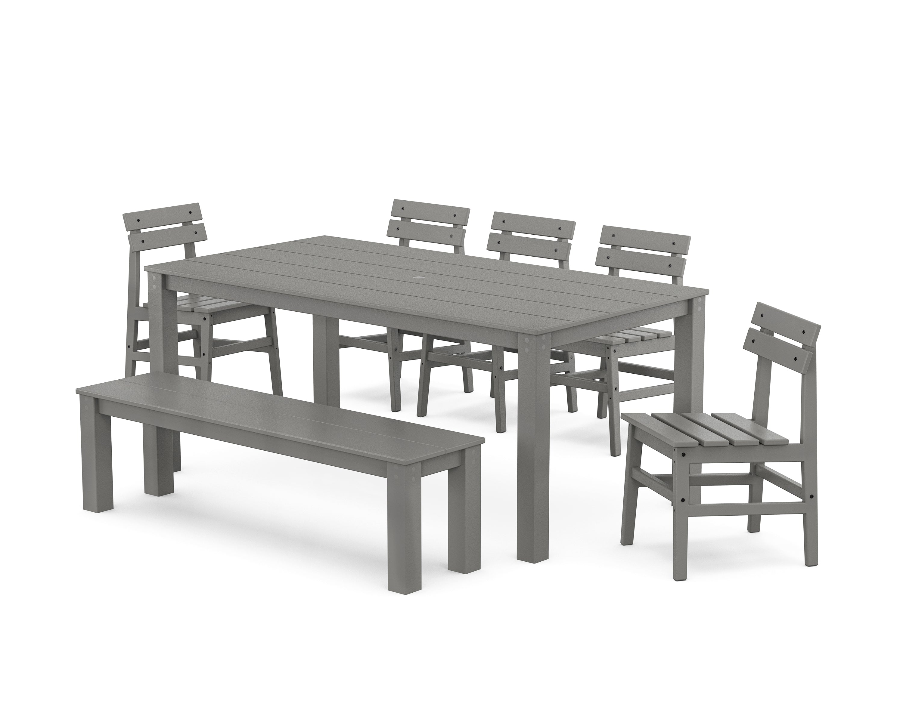 POLYWOOD® Modern Studio Plaza Chair 7-Piece Parsons Dining Set with Bench in Slate Grey