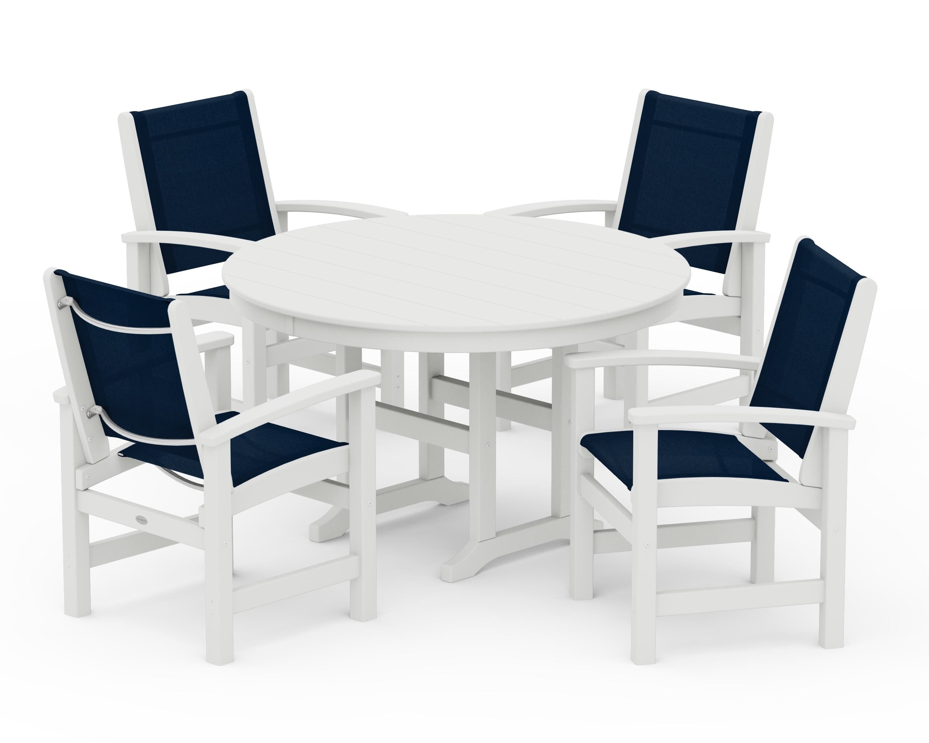 POLYWOOD Coastal 5-Piece Round Farmhouse Dining Set in Vintage White / Navy Blue Sling