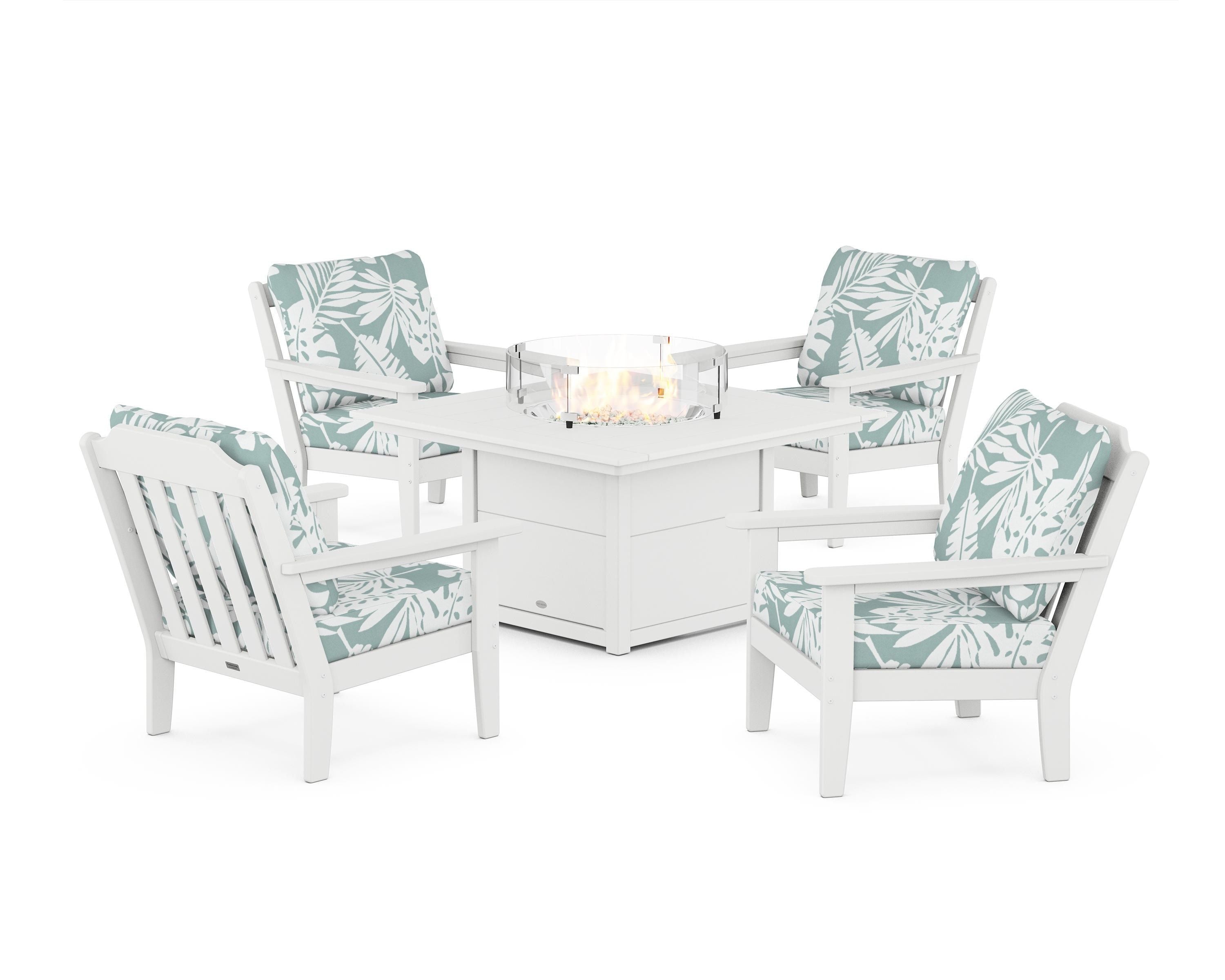 Country Living Cottage 5-Piece Deep Seating Set with Fire Pit Table in White / Leaf Glacier Spa