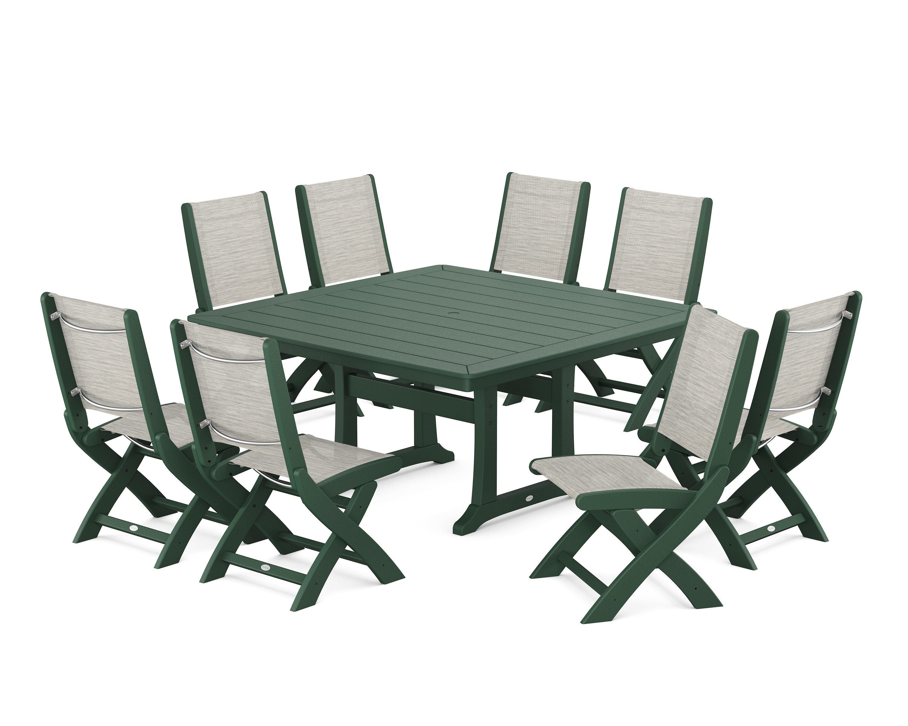 POLYWOOD Coastal Folding Side Chair 9-Piece Dining Set with Trestle Legs in Green / Birch Sling
