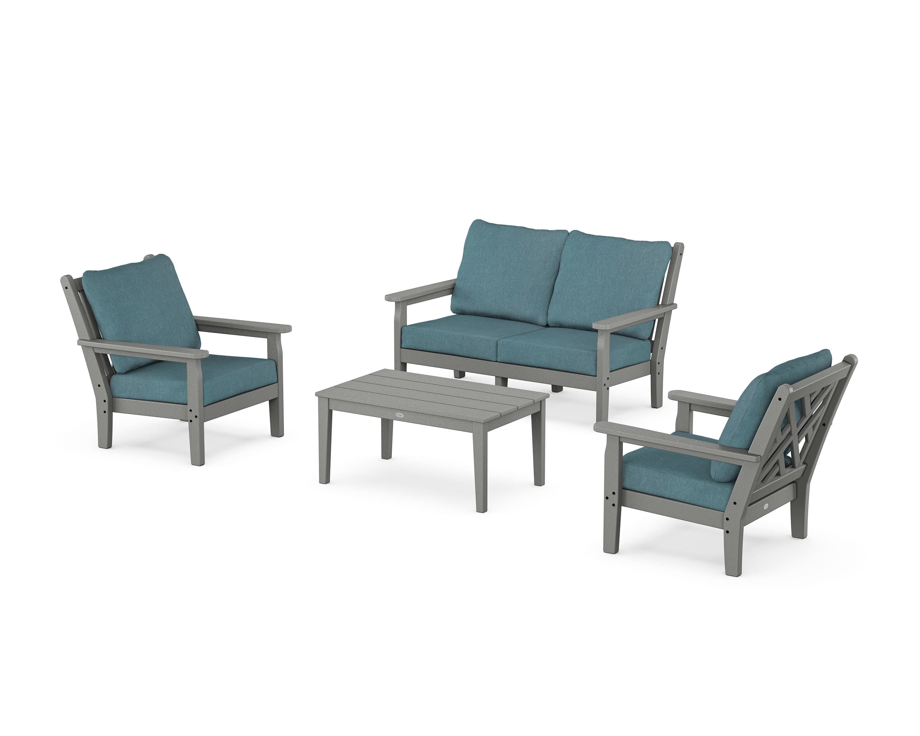 POLYWOOD Chippendale 4-Piece Deep Seating Set with Loveseat in Slate Grey / Ocean Teal