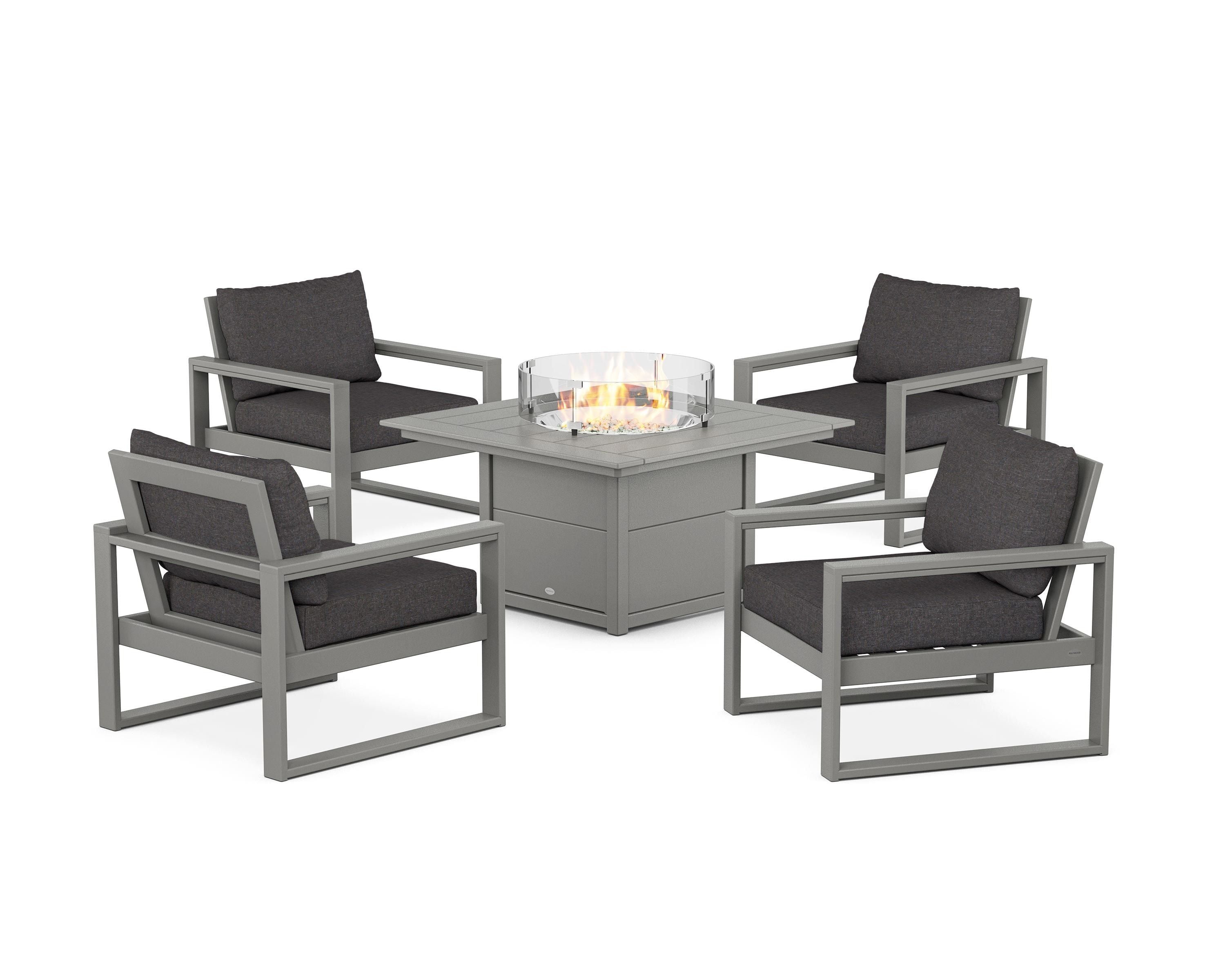 POLYWOOD EDGE Sectional 5-Piece Deep Seating Set with Fire Pit Table in Slate Grey / Ash Charcoal