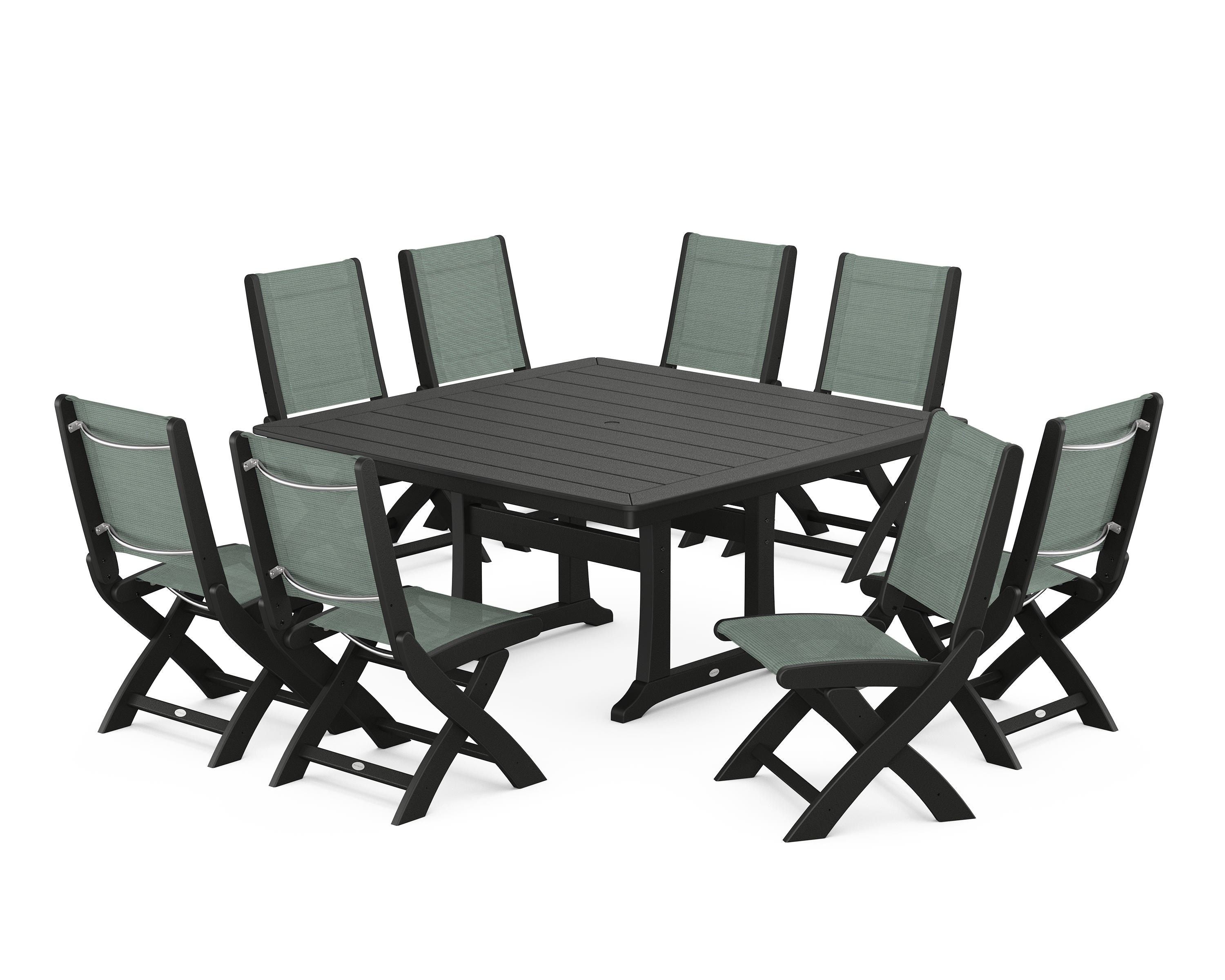 POLYWOOD Coastal Folding Side Chair 9-Piece Dining Set with Trestle Legs in Black / Dupioni Sea Mist Sling
