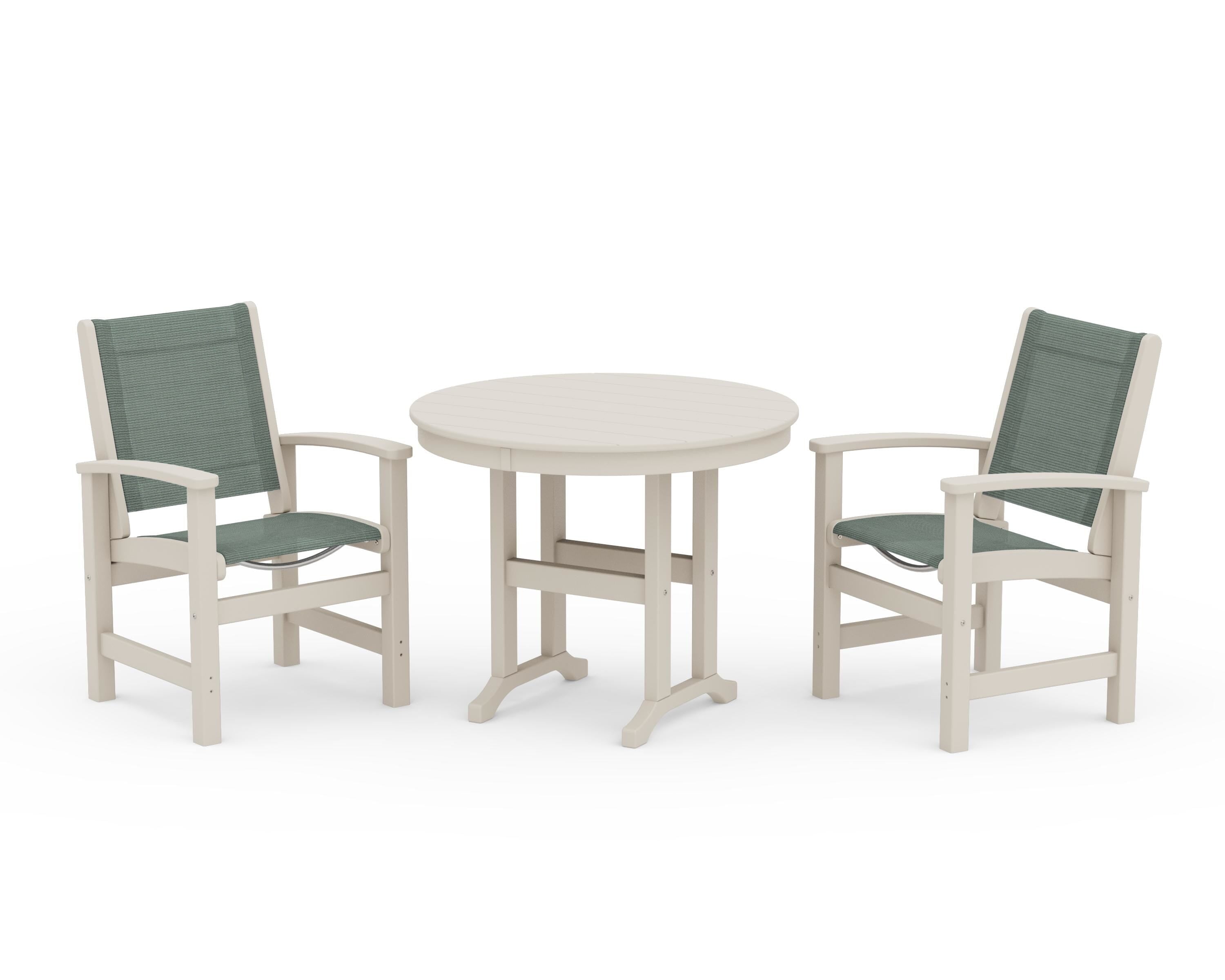 POLYWOOD Coastal 3-Piece Round Dining Set in Sand / Dupioni Sea Mist Sling