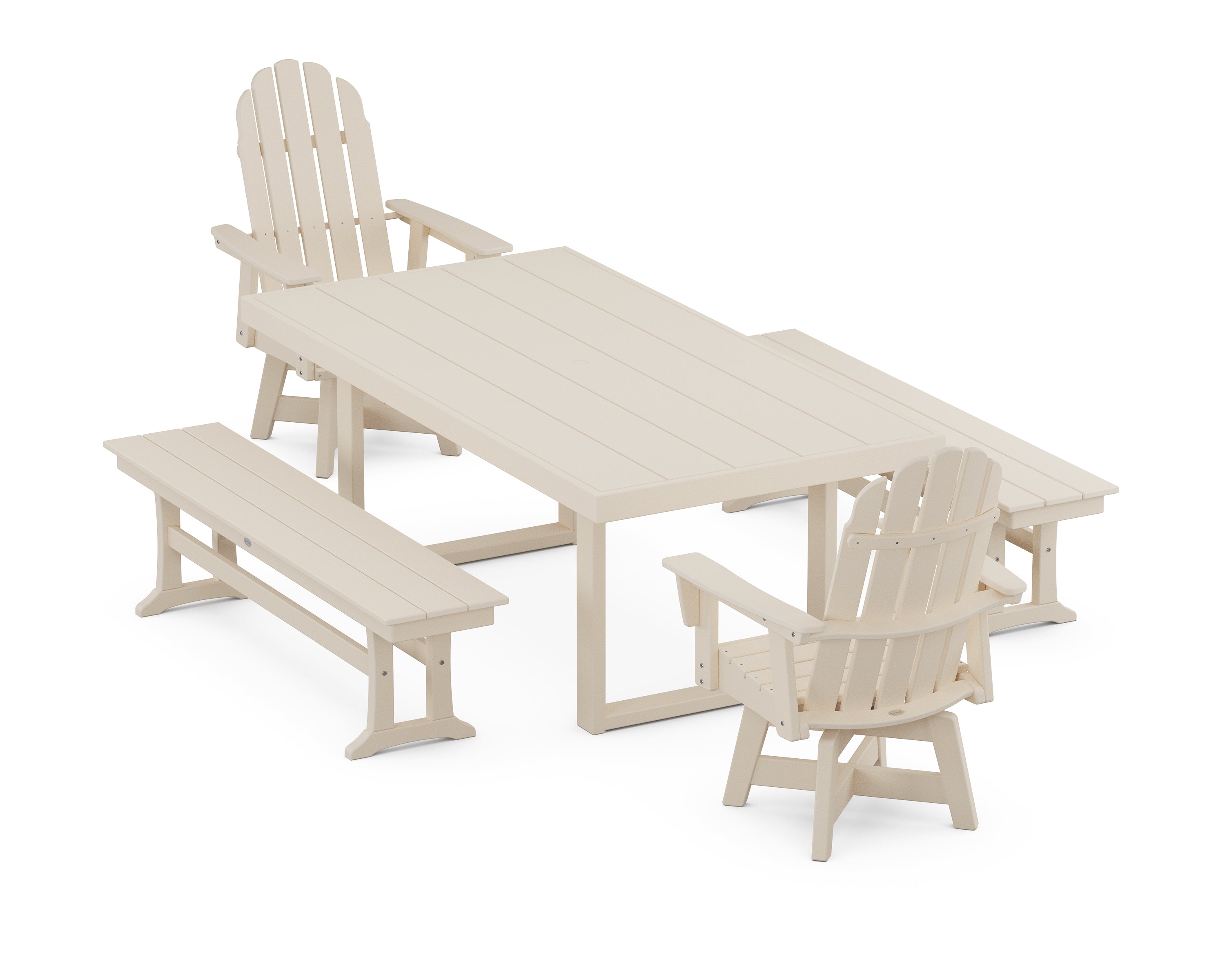 POLYWOOD® Vineyard Curveback Adirondack Swivel Chair 5-Piece Dining Set with Benches in Sand