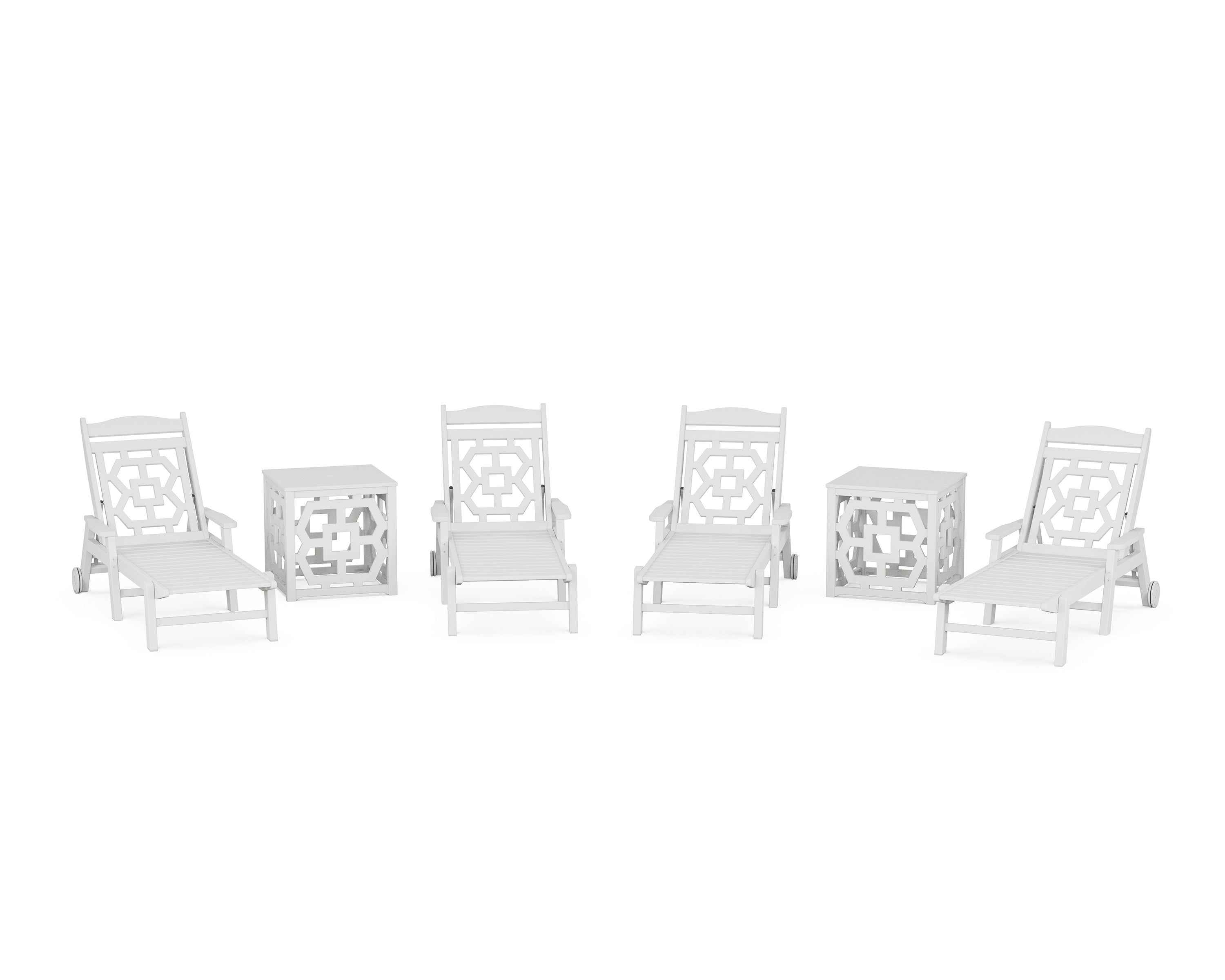 Martha Stewart by POLYWOOD Chinoiserie 6-Piece Chaise Set with Umbrella Stand Accent Table in White