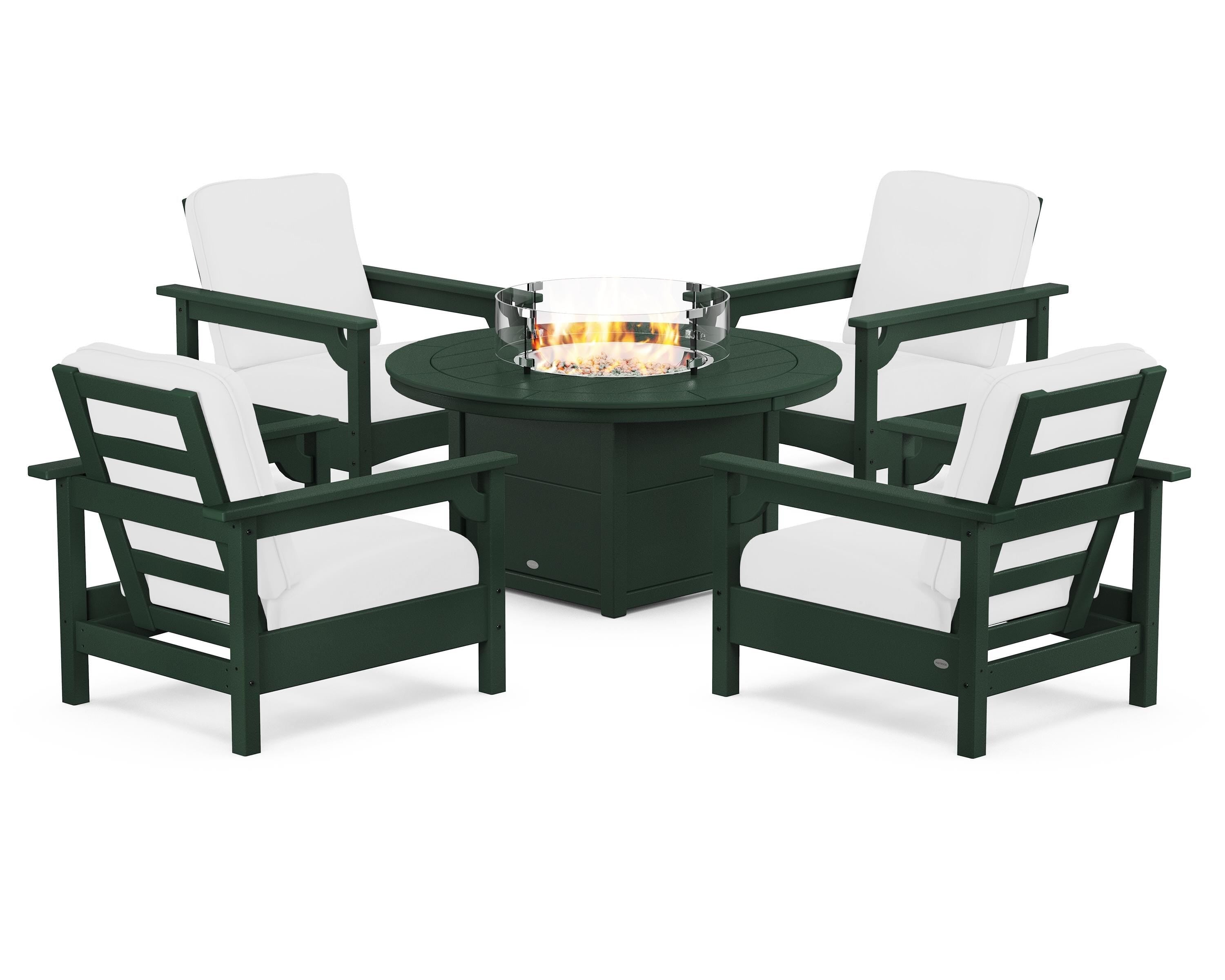 POLYWOOD Club 5-Piece Conversation Set with Fire Pit Table in Green / Natural