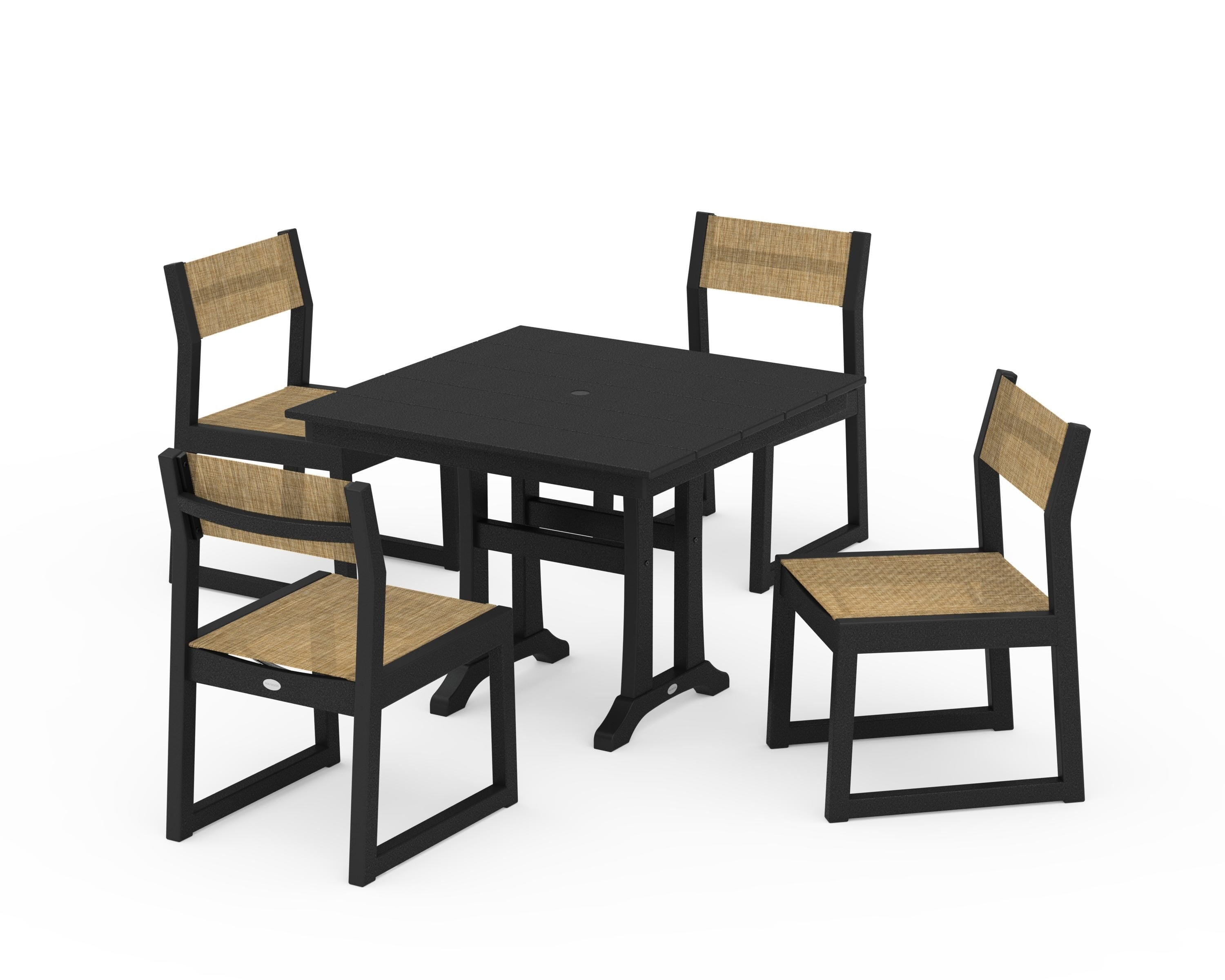 POLYWOOD EDGE Sling 5-Piece Farmhouse Trestle Side Chair Dining Set in Black / Burlap Sling