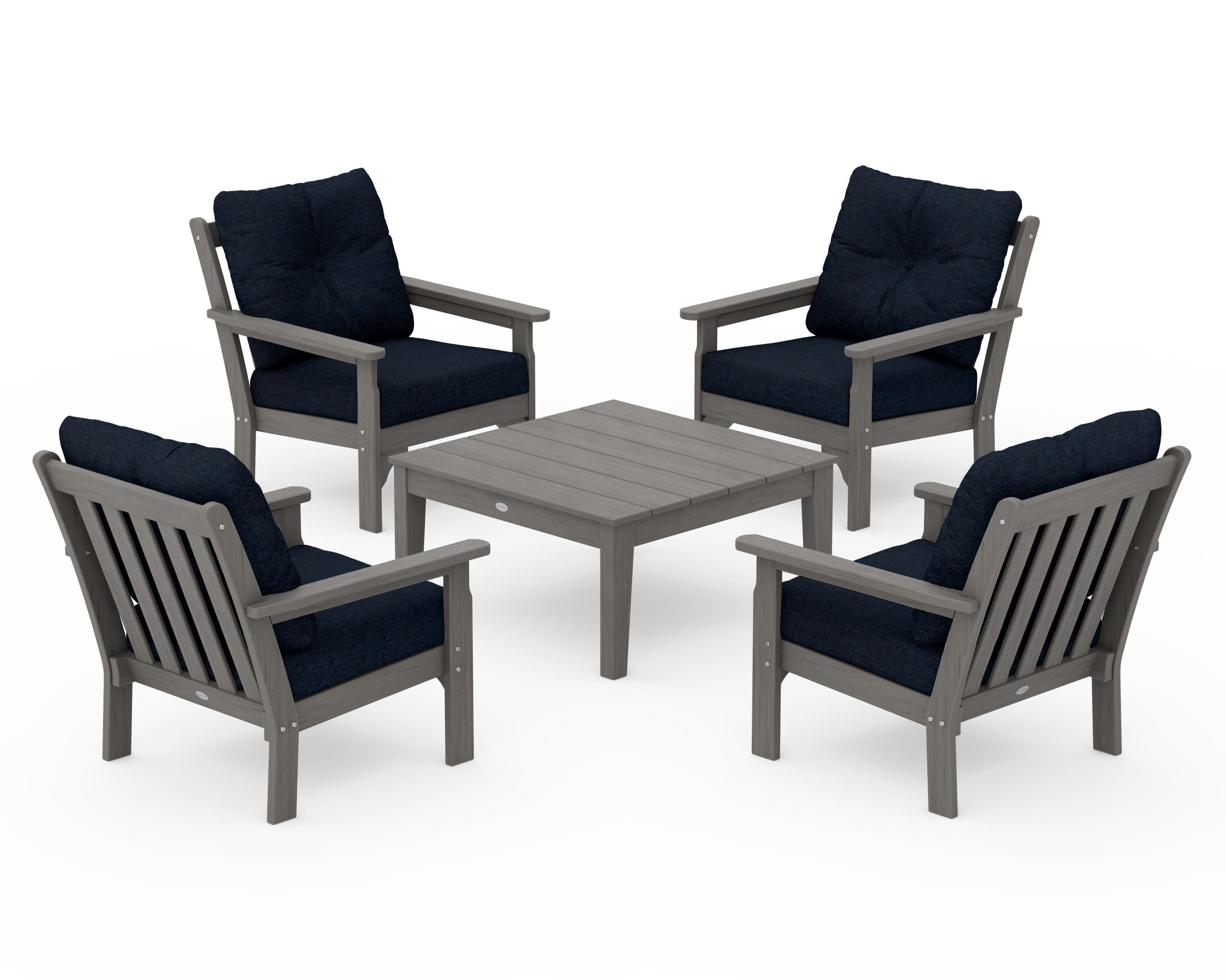 POLYWOOD Vineyard 5-Piece Deep Seating Conversation Set in Driftwood / Marine Indigo