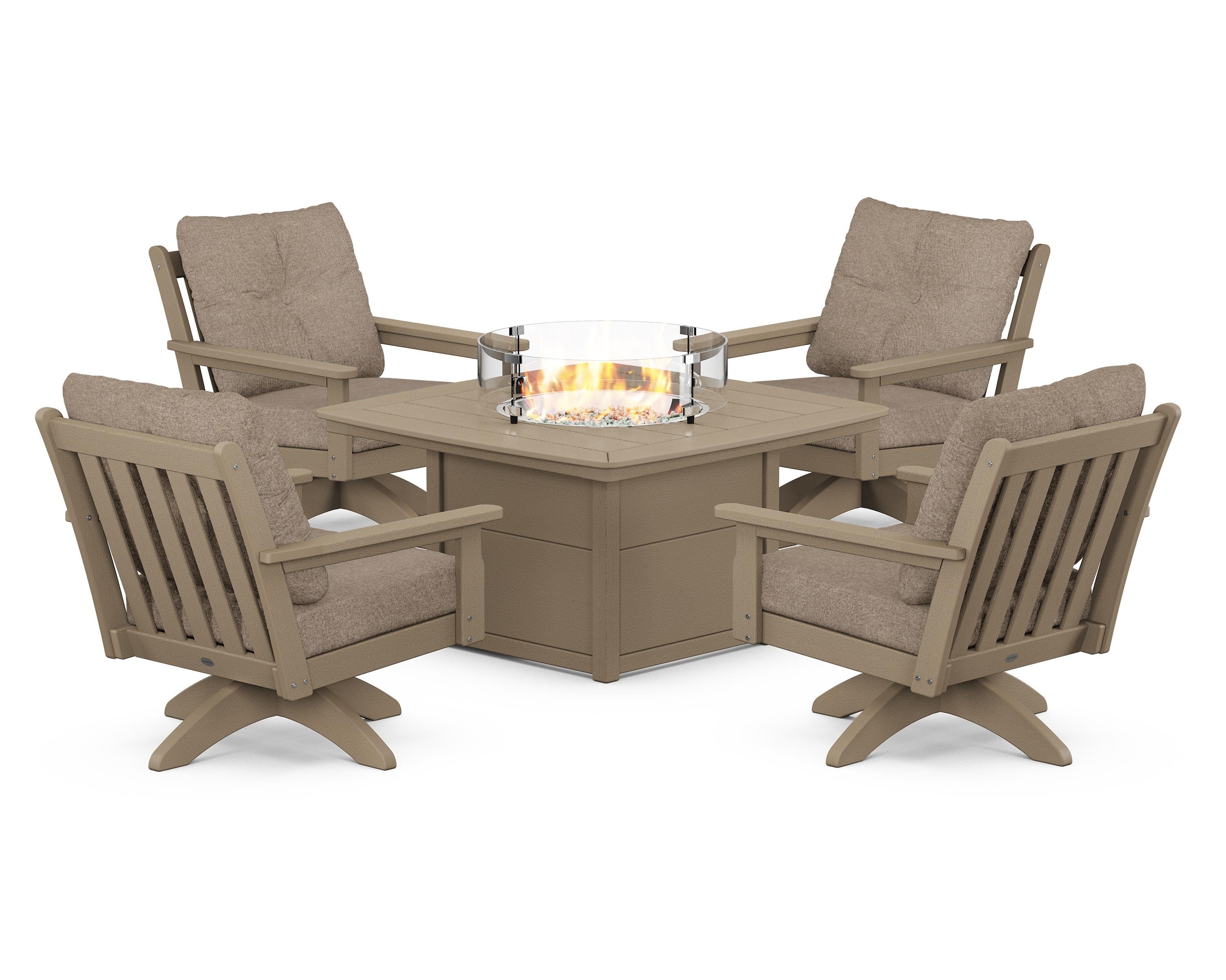 POLYWOOD Vineyard 5-Piece Deep Seating Swivel Conversation Set with Fire Pit Table in Vintage Sahara / Spiced Burlap