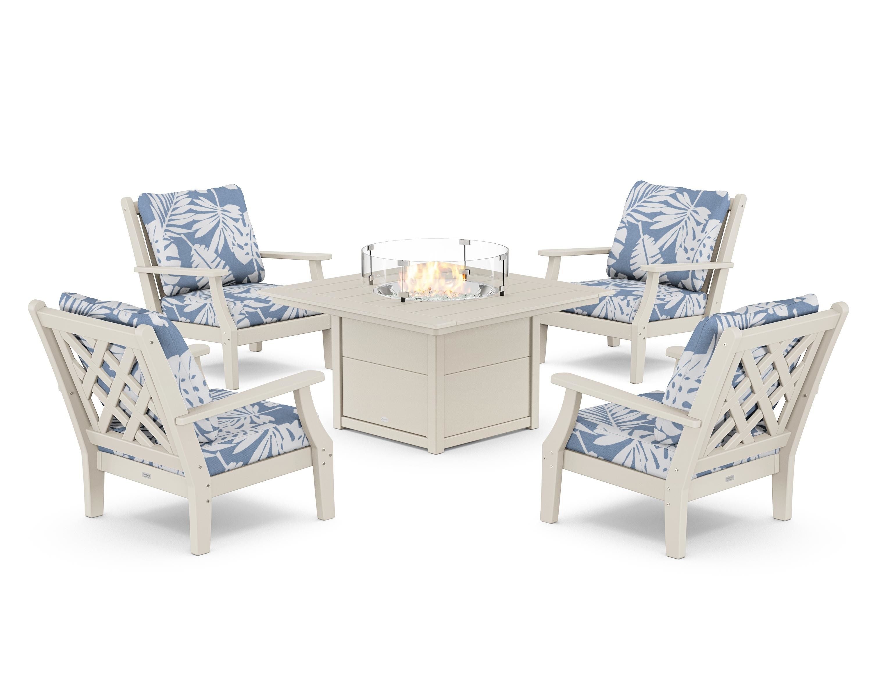 Country Living Wovendale 5-Piece Deep Seating Set with Fire Pit Table in Sand / Leaf Sky Blue
