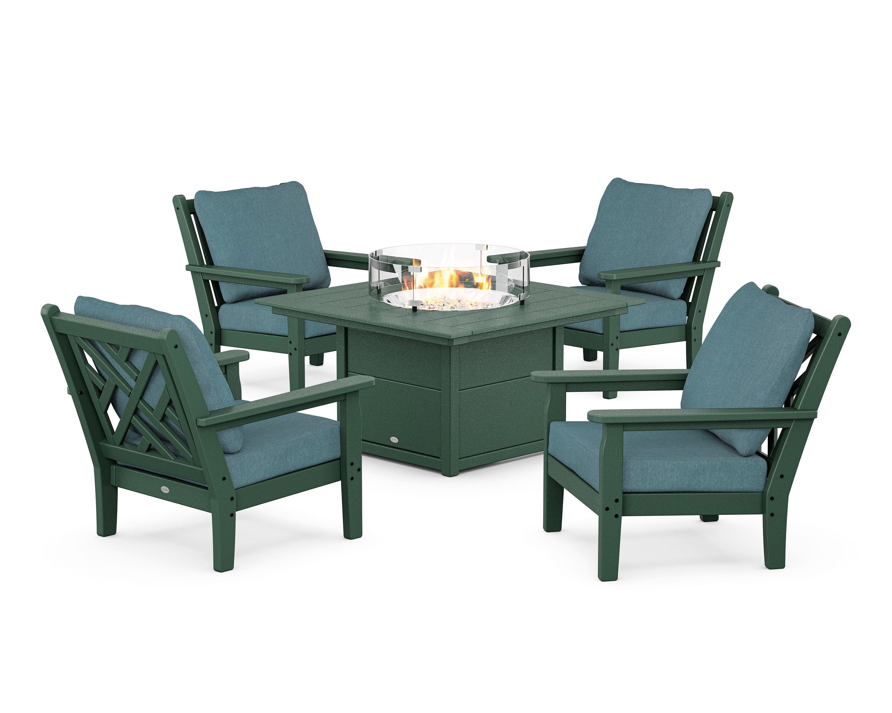 POLYWOOD Chippendale 5-Piece Deep Seating Set with Fire Pit Table in Green / Ocean Teal