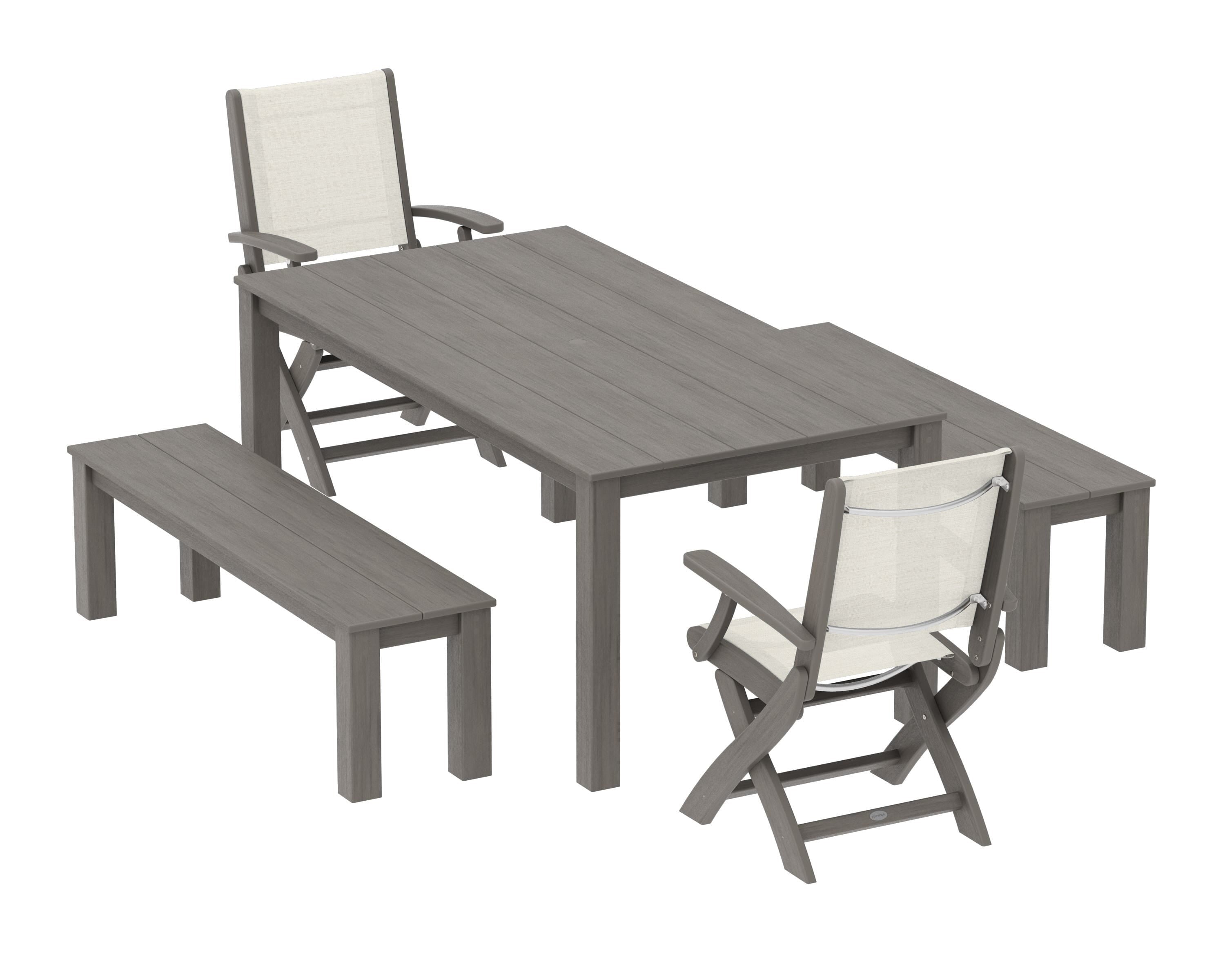 POLYWOOD Coastal Folding Chair 5-Piece Parsons Dining Set with Benches in Driftwood / Parchment Sling