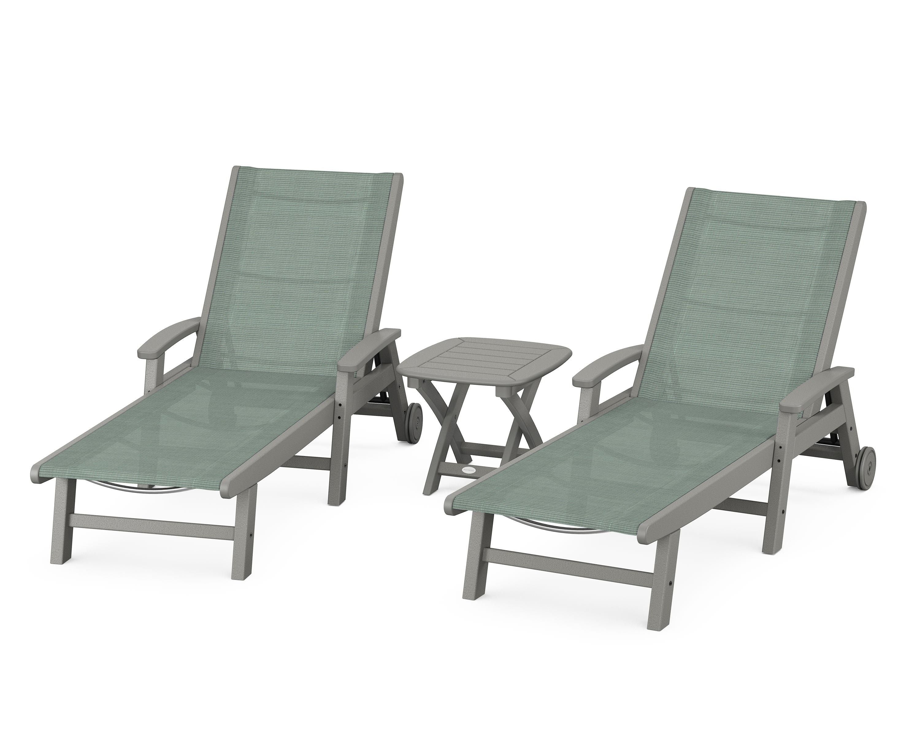 POLYWOOD Coastal 3-Piece Wheeled Chaise Set in Slate Grey / Dupioni Sea Mist Sling