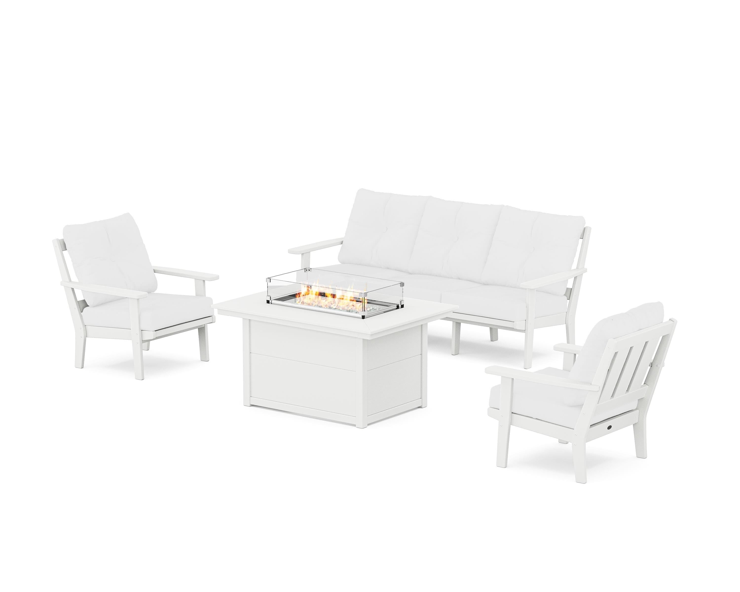 POLYWOOD Oxford Deep Seating Fire Pit Table Set in White / Natural