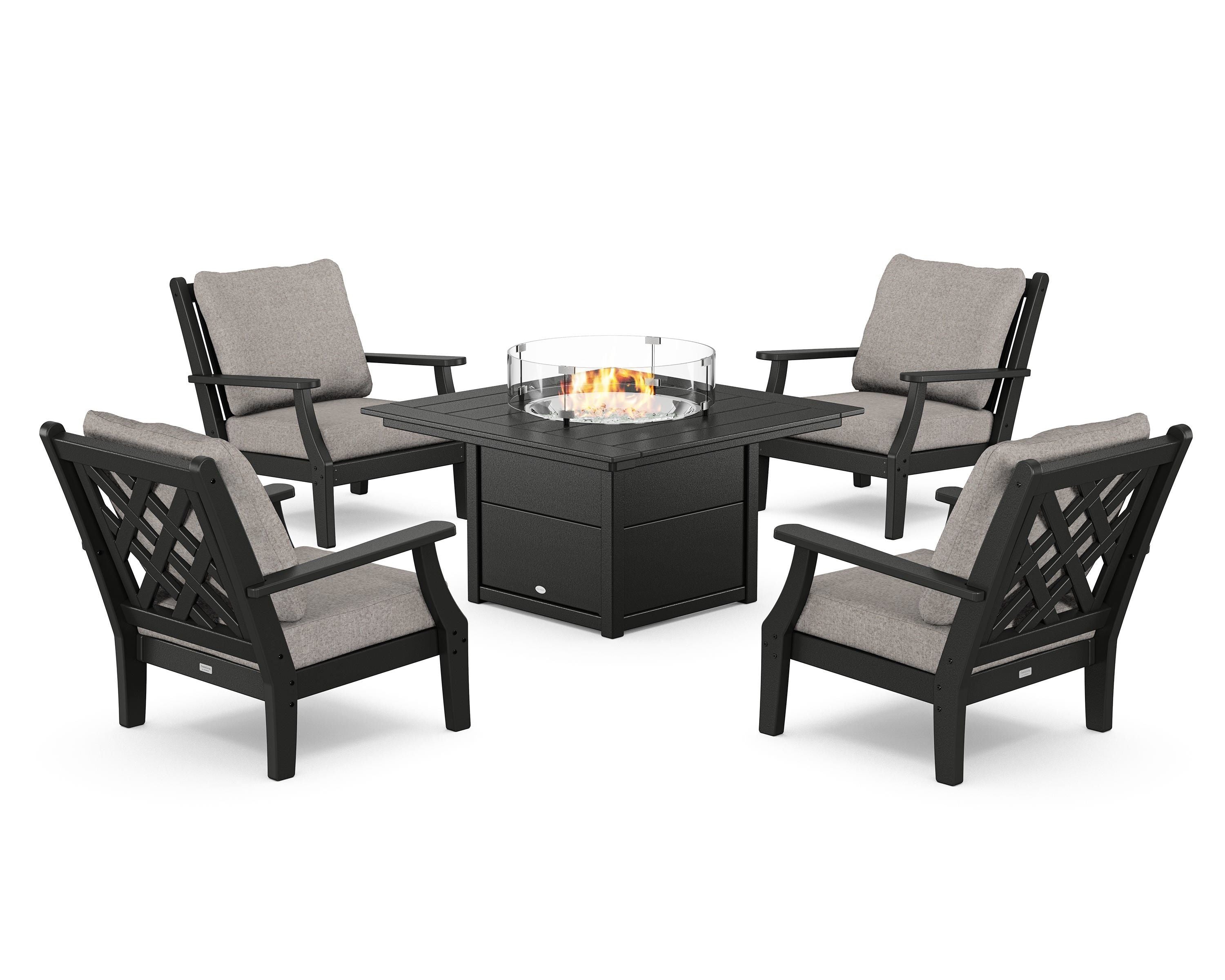 Country Living Wovendale 5-Piece Deep Seating Set with Fire Pit Table in Black / Weathered Tweed