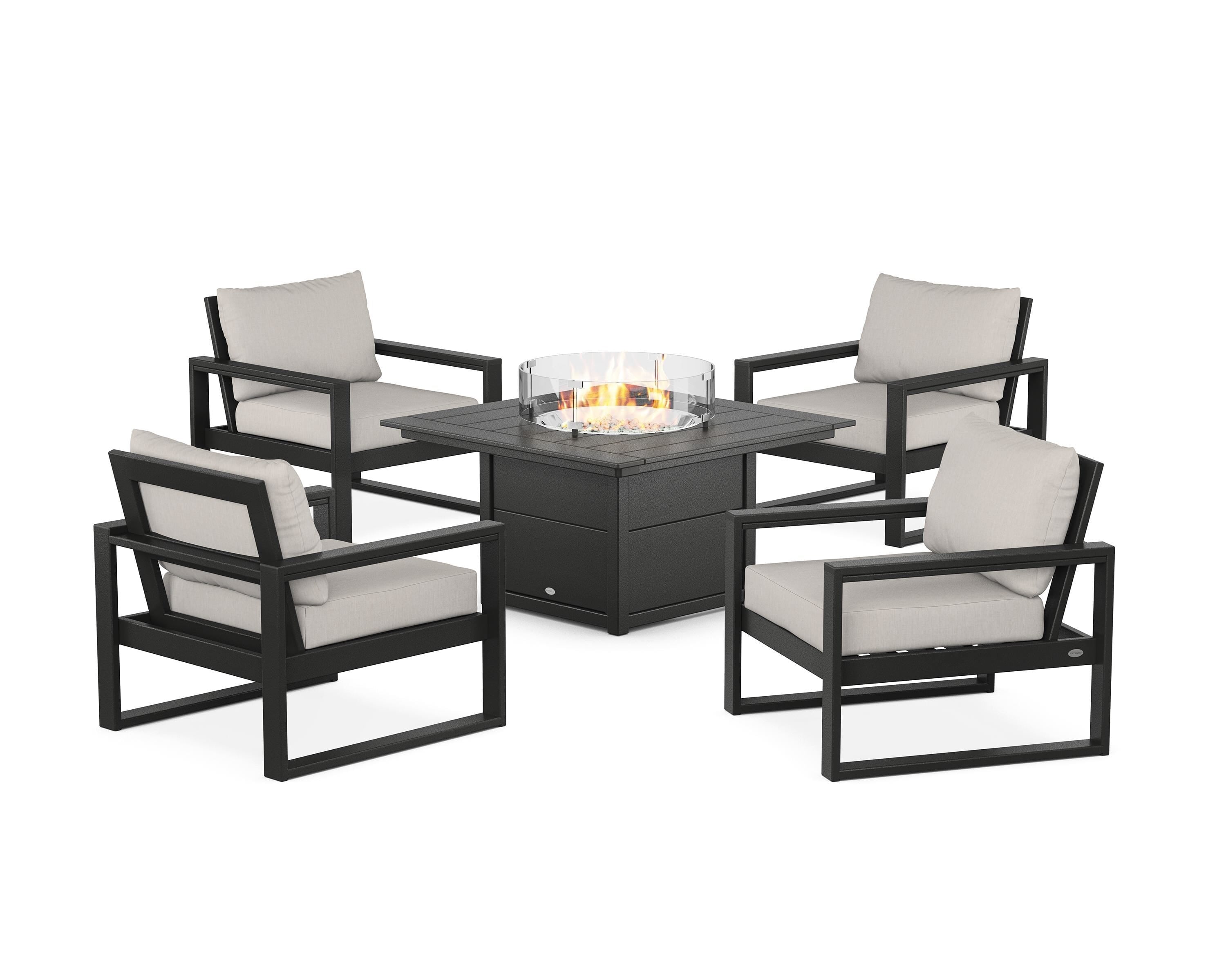 POLYWOOD EDGE Sectional 5-Piece Deep Seating Set with Fire Pit Table in Black / Cast Ash