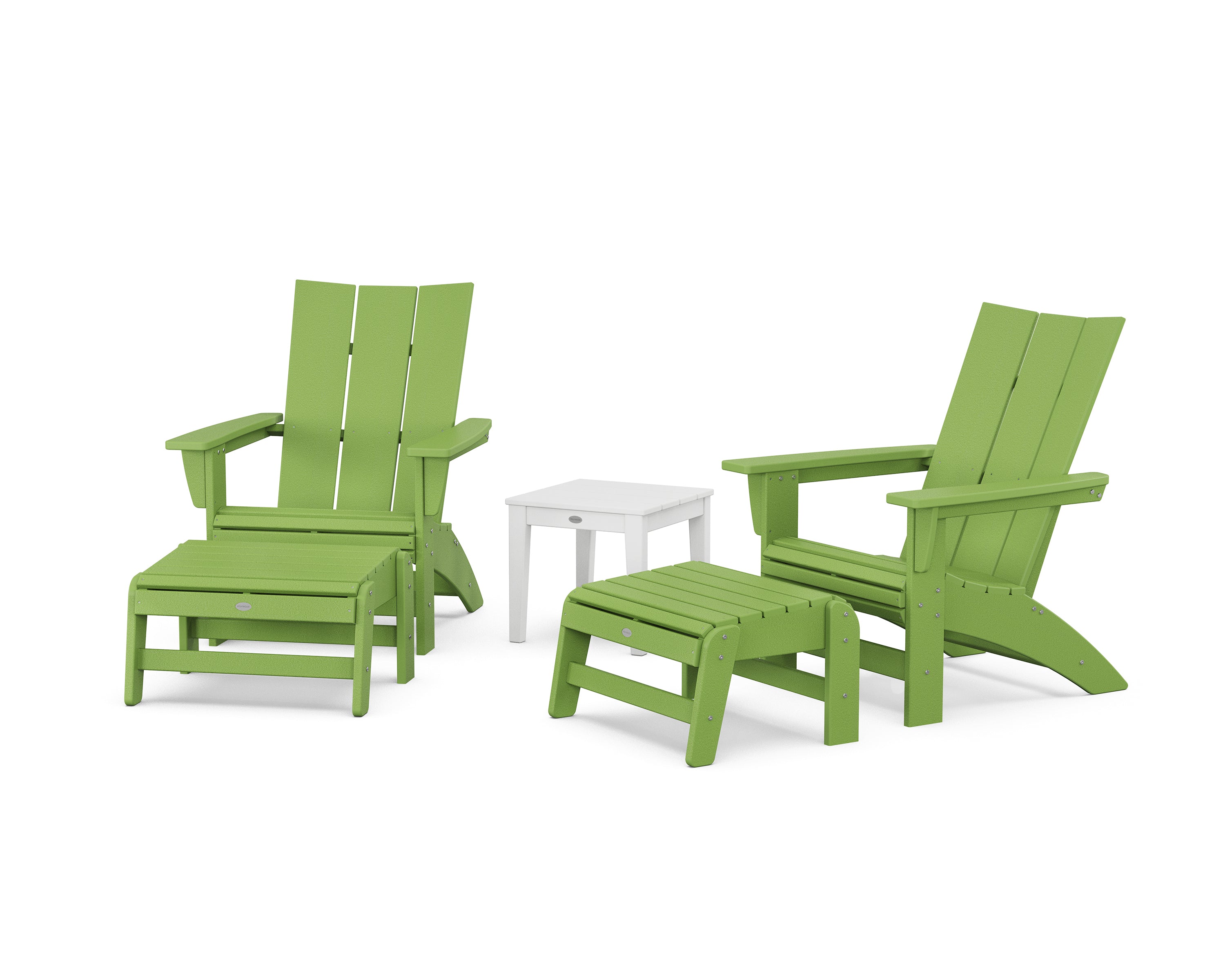 POLYWOOD® 5-Piece Modern Grand Adirondack Set with Ottomans and Side Table in Lime / White
