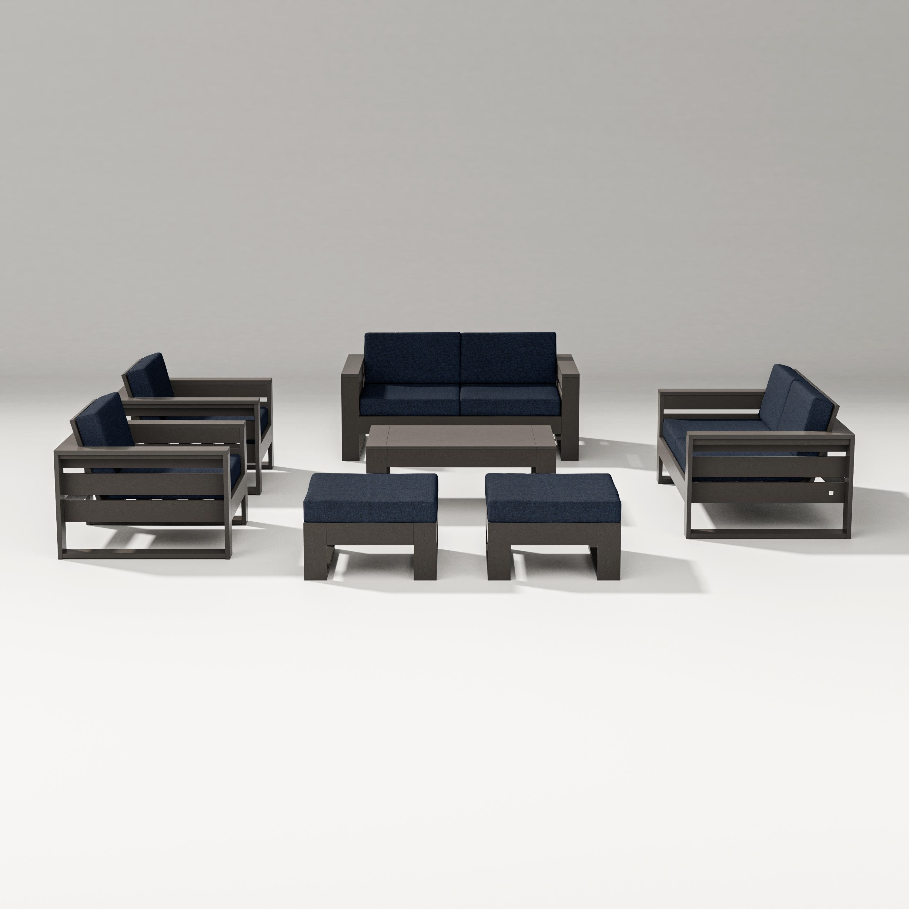 PW Designer Series Latitude 7-Piece Lounge Loveseat Set in Vintage Coffee / Marine Indigo