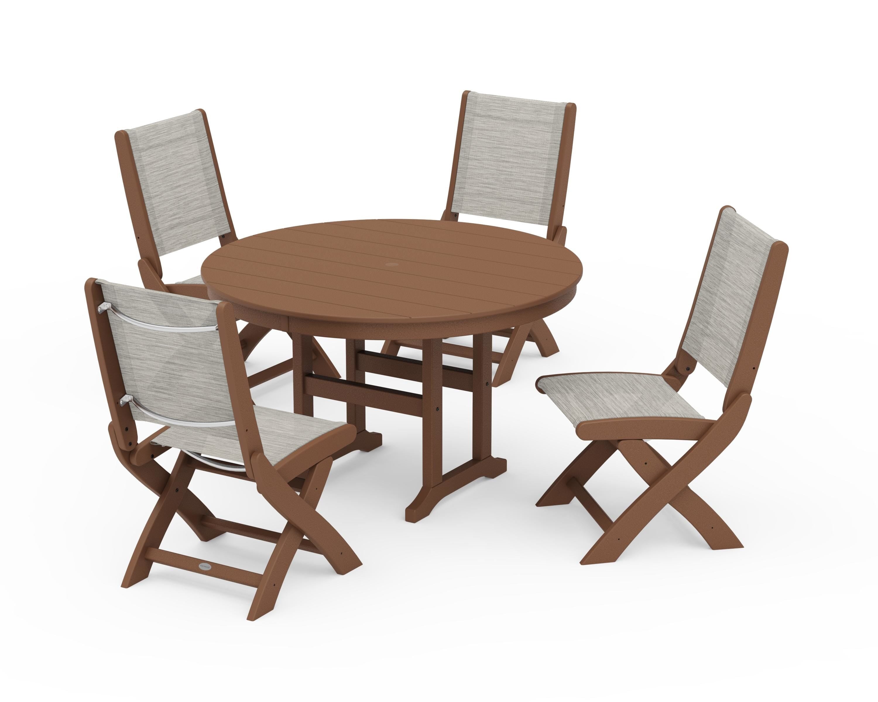 POLYWOOD Coastal Folding Side Chair 5-Piece Round Dining Set in Teak / Birch Sling