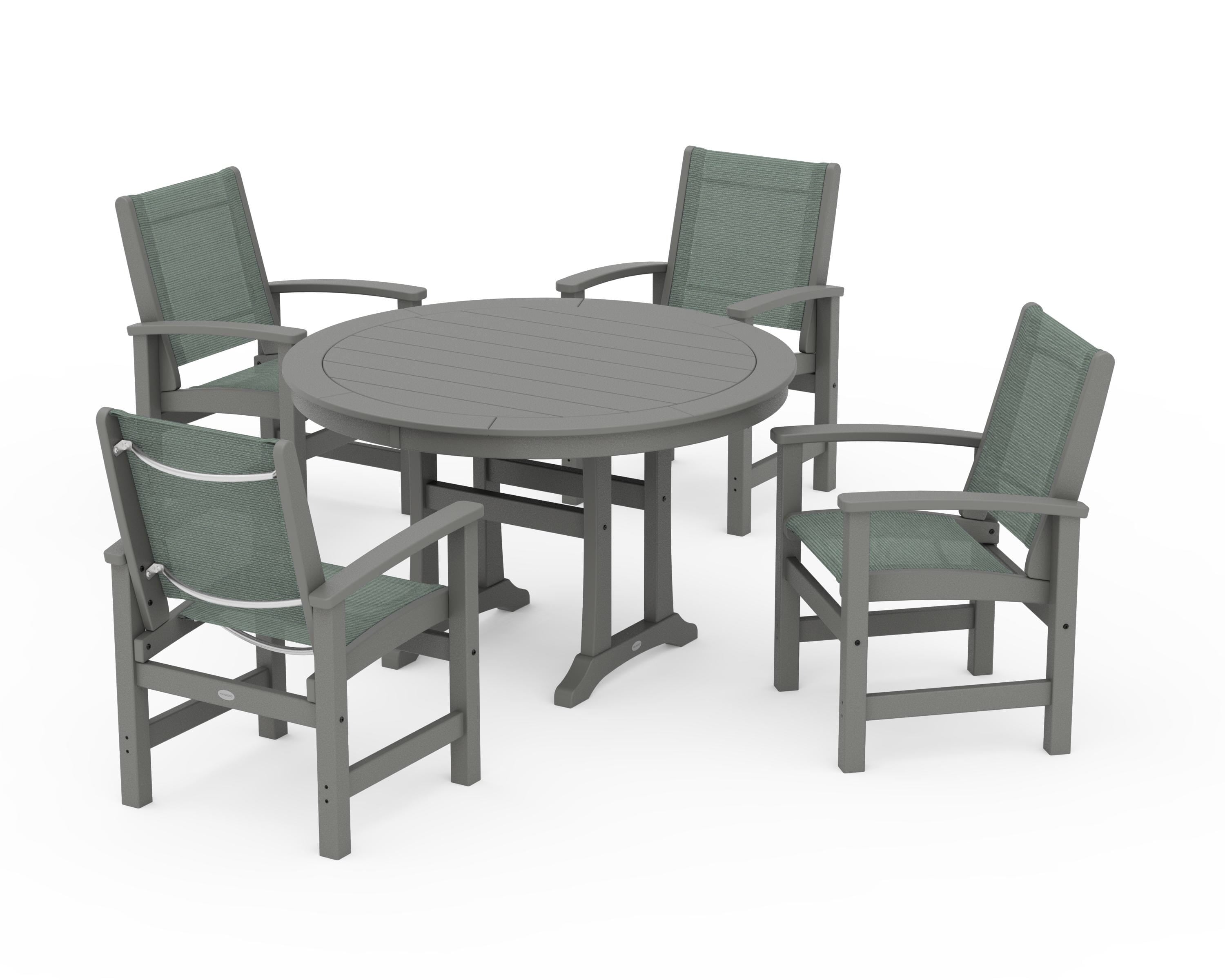 POLYWOOD Coastal 5-Piece Round Dining Set with Trestle Legs in Slate Grey / Dupioni Sea Mist Sling
