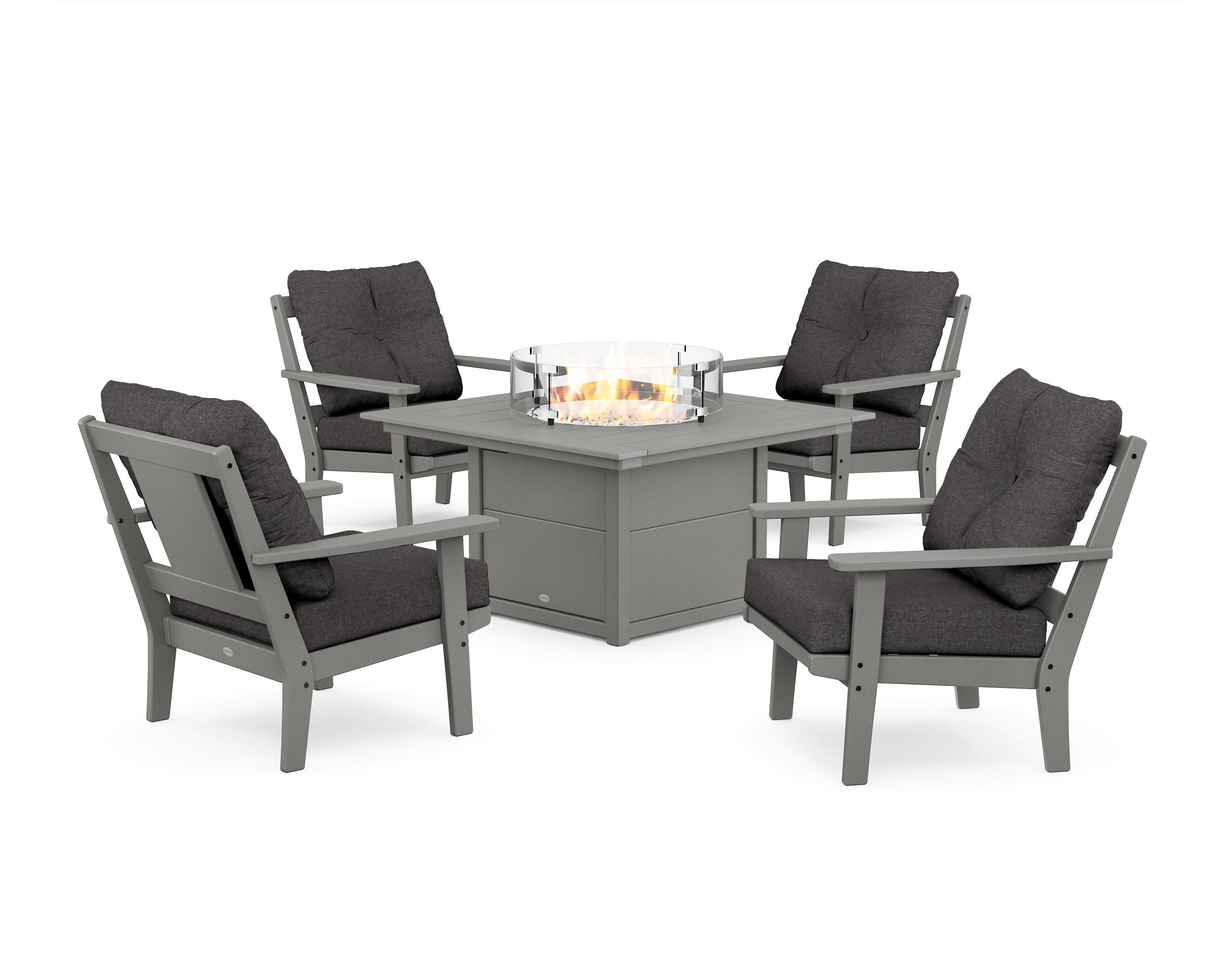 POLYWOOD Prairie 5-Piece Deep Seating Set with Fire Pit Table in Slate Grey / Ash Charcoal