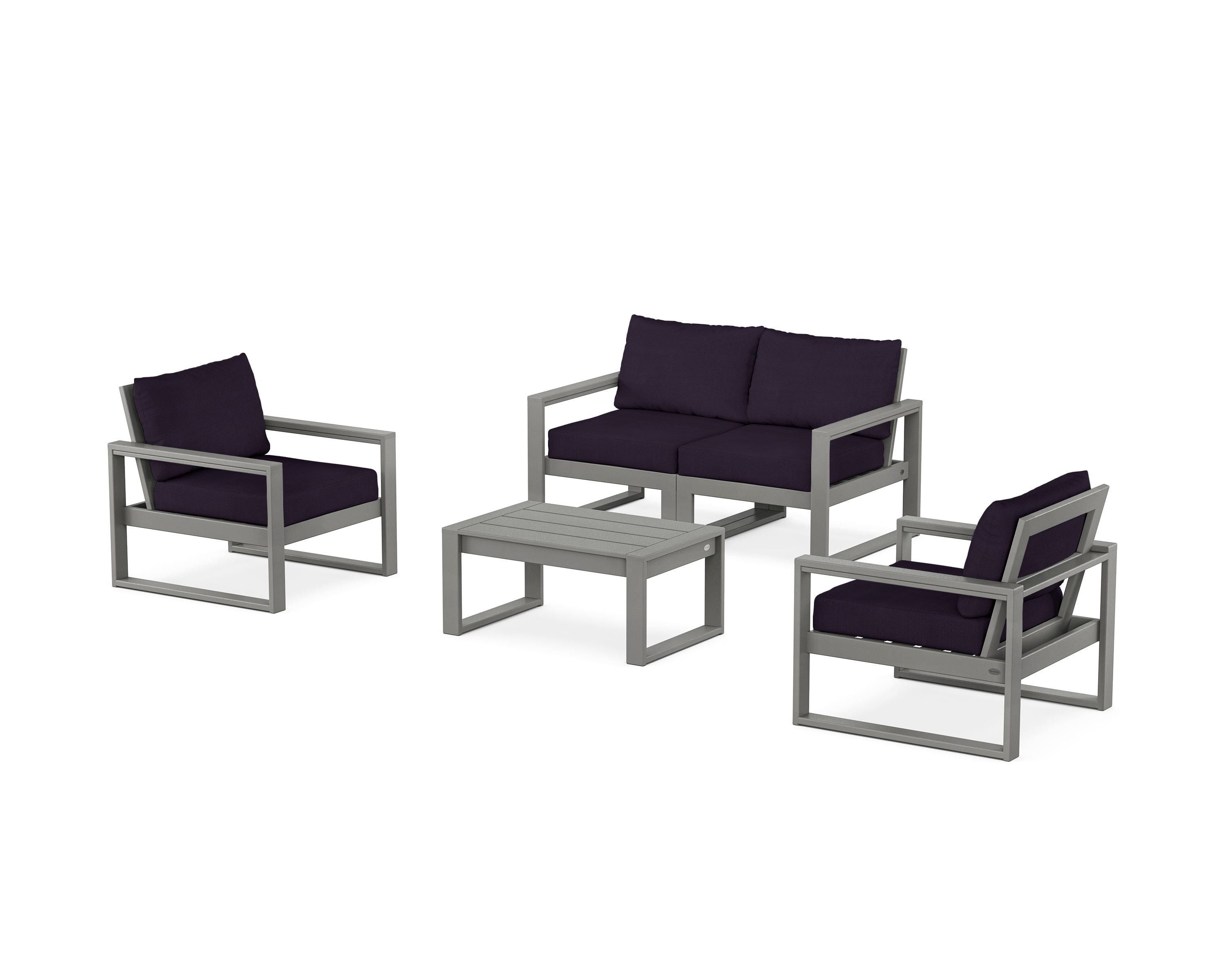 POLYWOOD EDGE Sectional 4-Piece Deep Seating Set with Loveseat in Slate Grey / Navy Linen