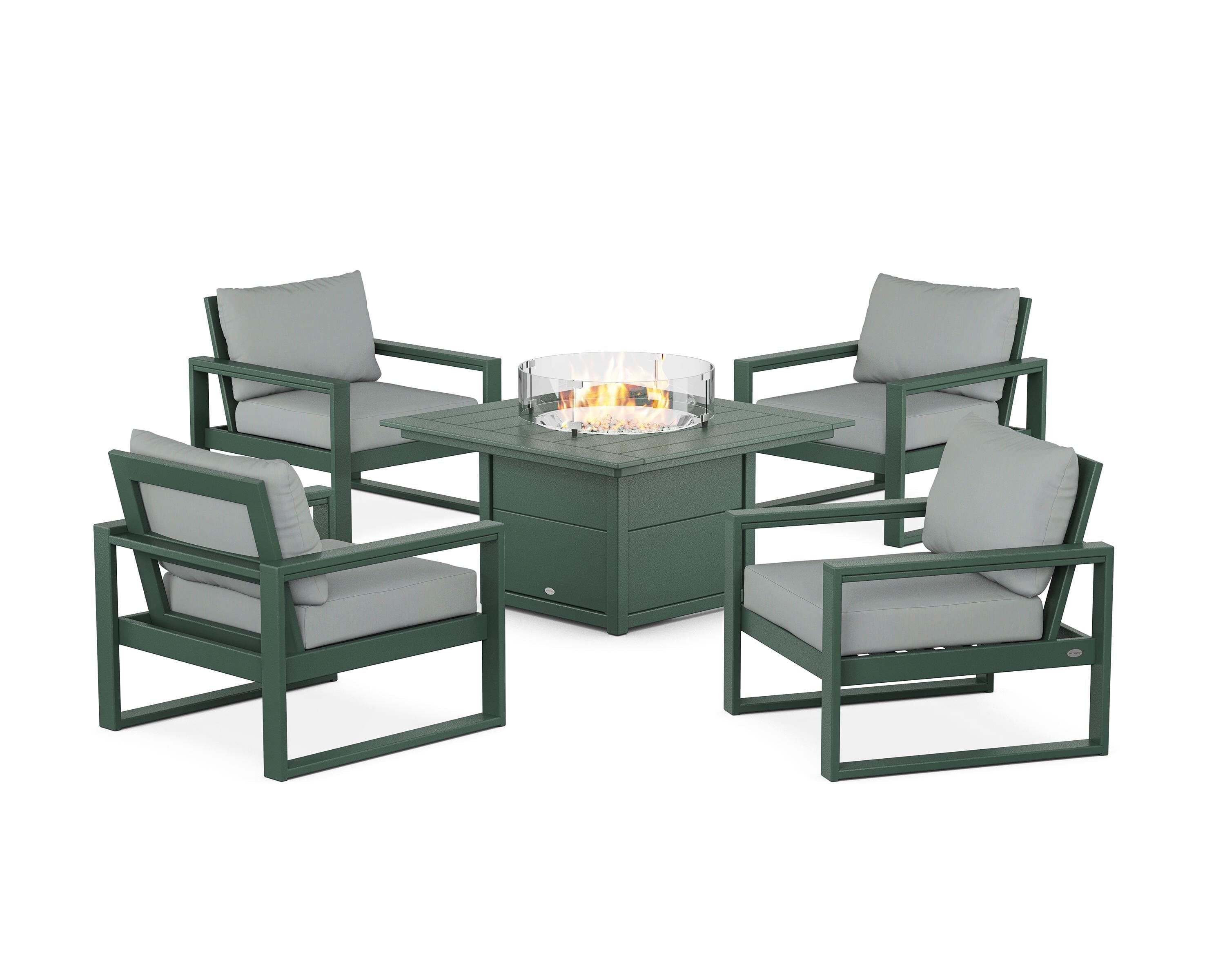 POLYWOOD EDGE Sectional 5-Piece Deep Seating Set with Fire Pit Table in Green / Spa