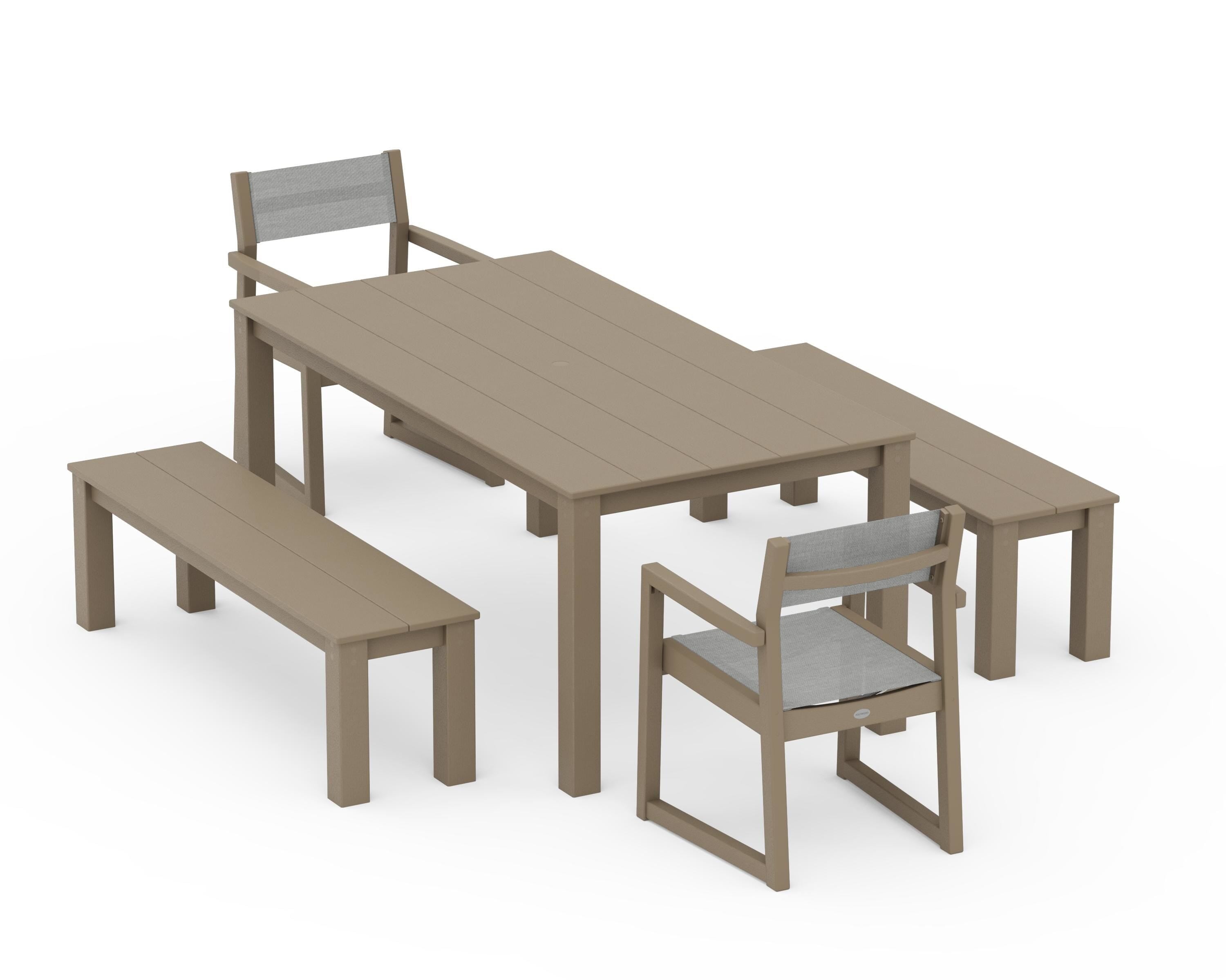 POLYWOOD EDGE Sling Arm Chair 5-Piece Parsons Dining Set with Benches in Vintage Sahara / Metallic Sling