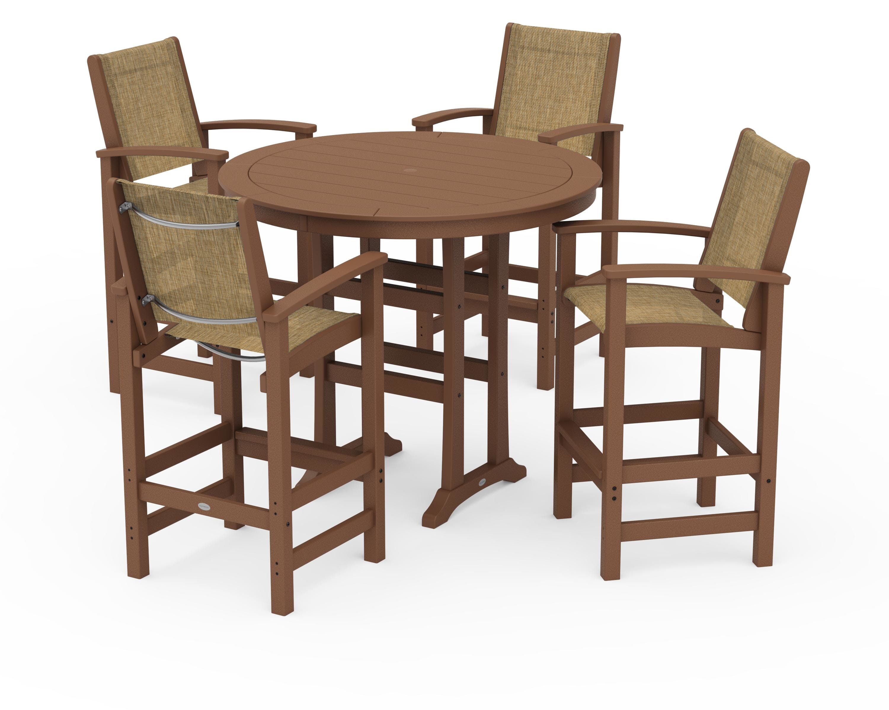 POLYWOOD Coastal 5-Piece Nautical Trestle Bar Set in Teak / Burlap Sling