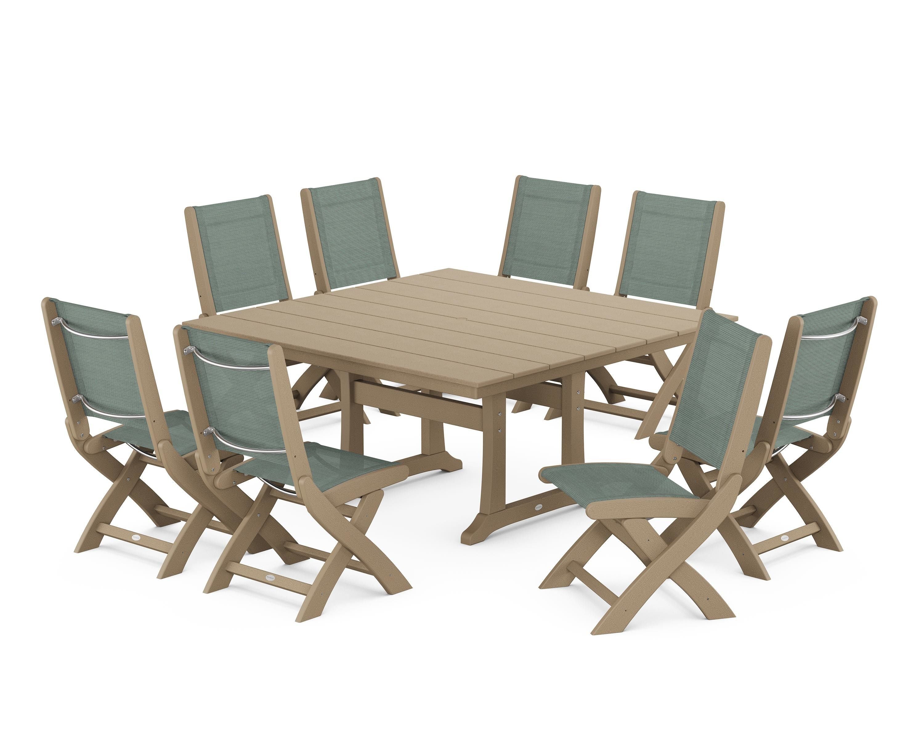 POLYWOOD Coastal Folding Side Chair 9-Piece Farmhouse Dining Set in Vintage Sahara / Dupioni Sea Mist Sling