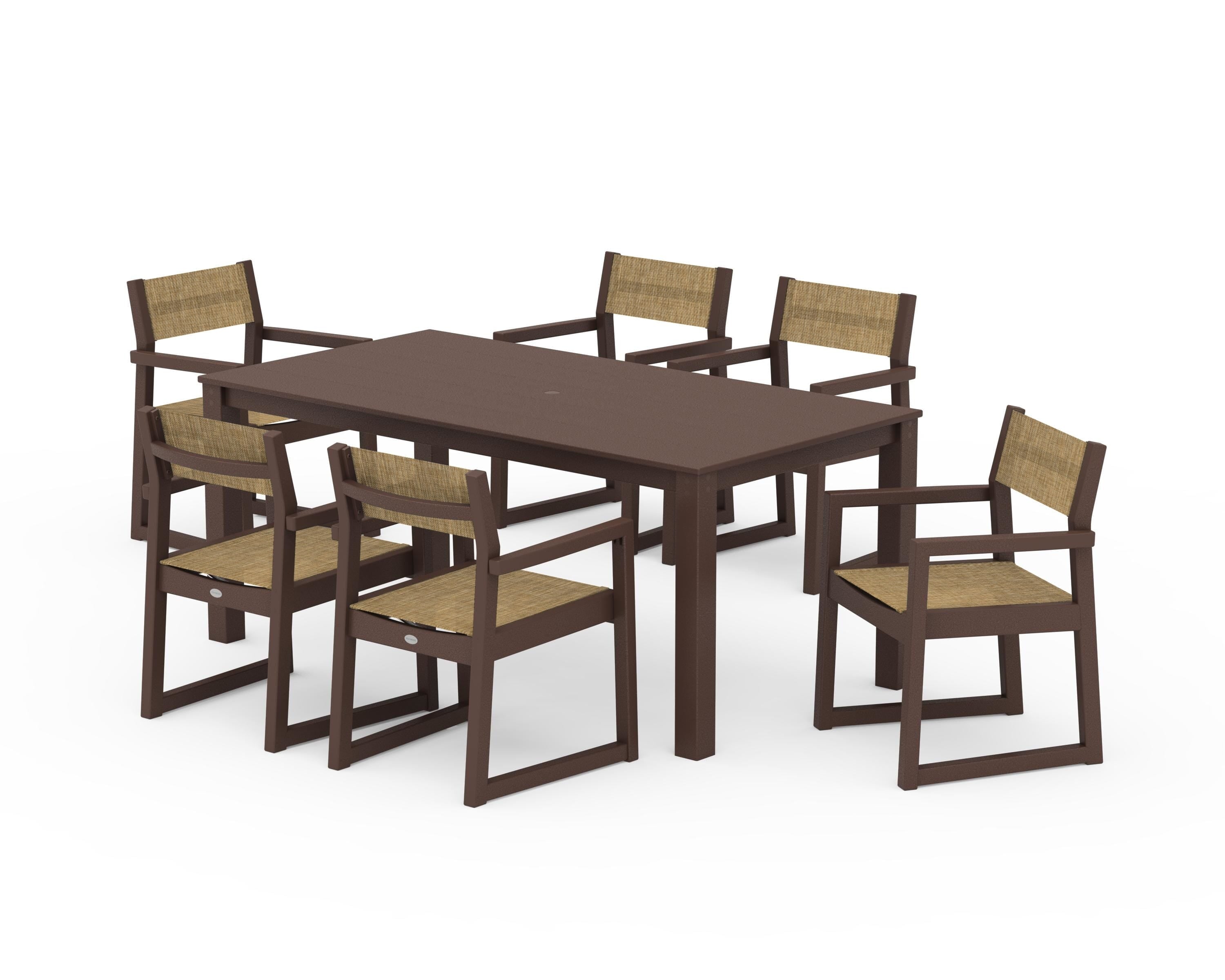 POLYWOOD EDGE Sling Arm Chair 7-Piece Parsons Dining Set in Mahogany / Burlap Sling
