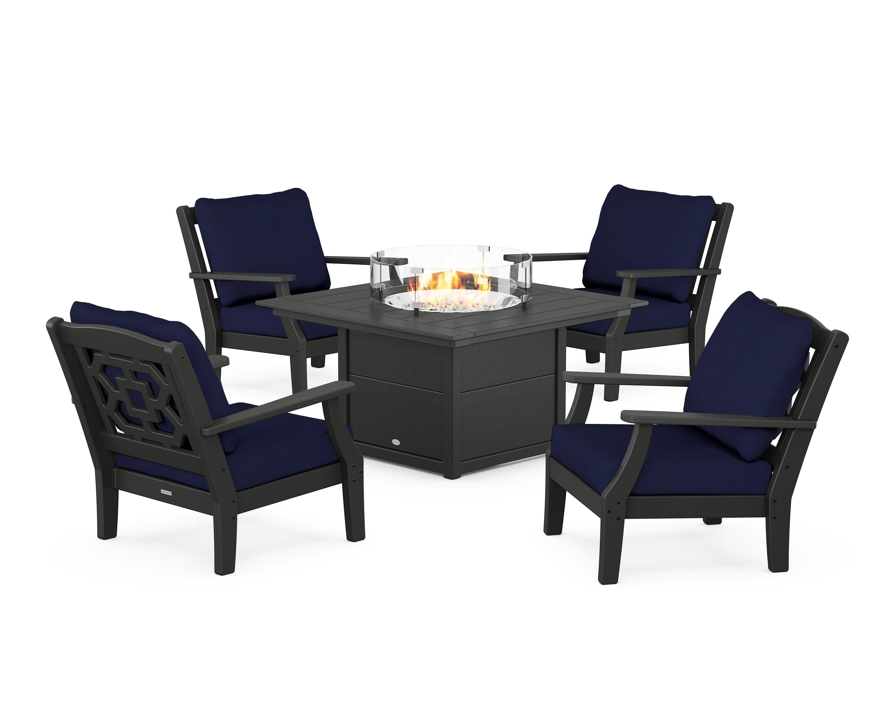 Martha Stewart by POLYWOOD Chinoiserie 5-Piece Deep Seating Set with Fire Pit Table in Black / Navy