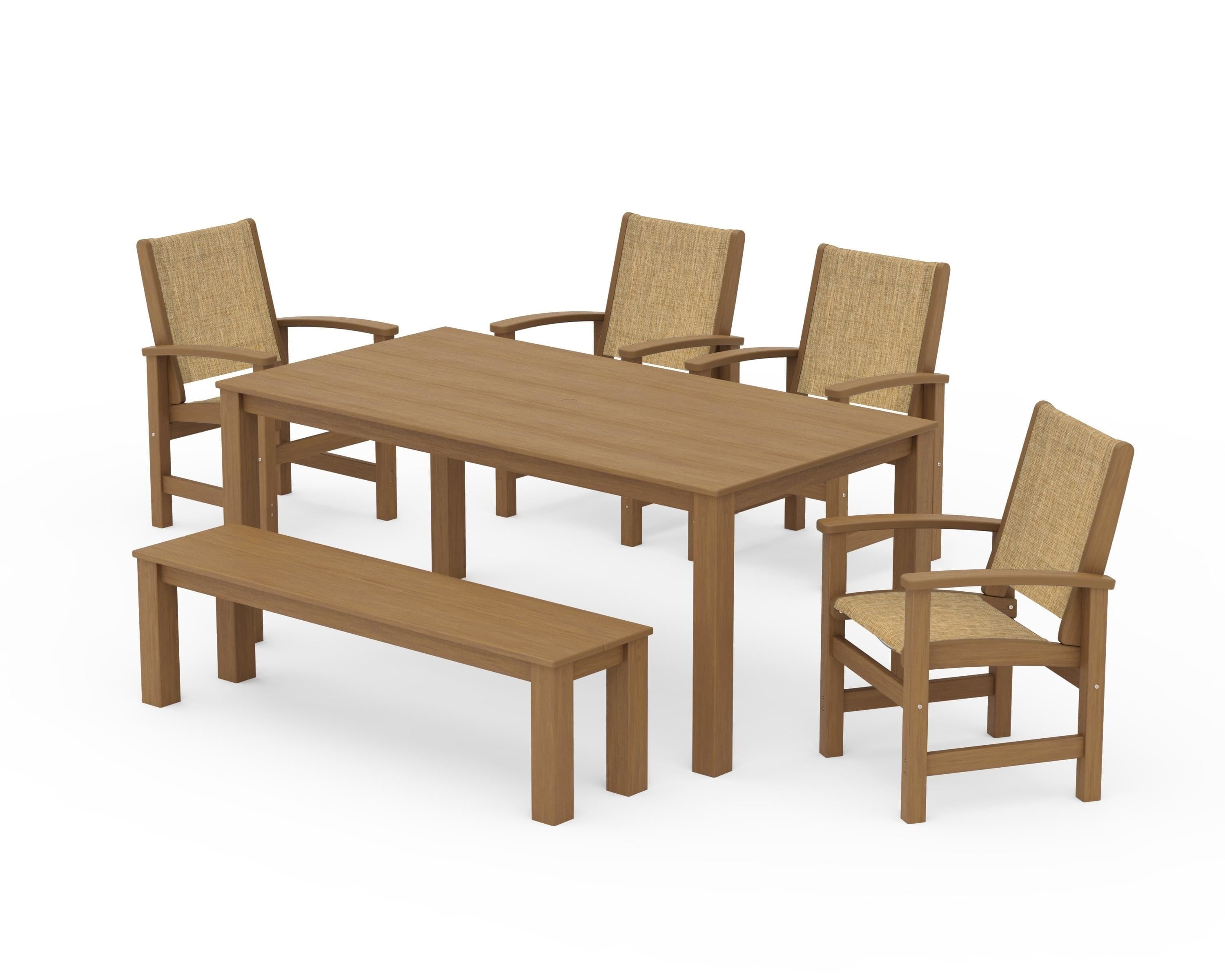 POLYWOOD Coastal 6-Piece Parsons Dining Set with Bench in Natural / Burlap Sling