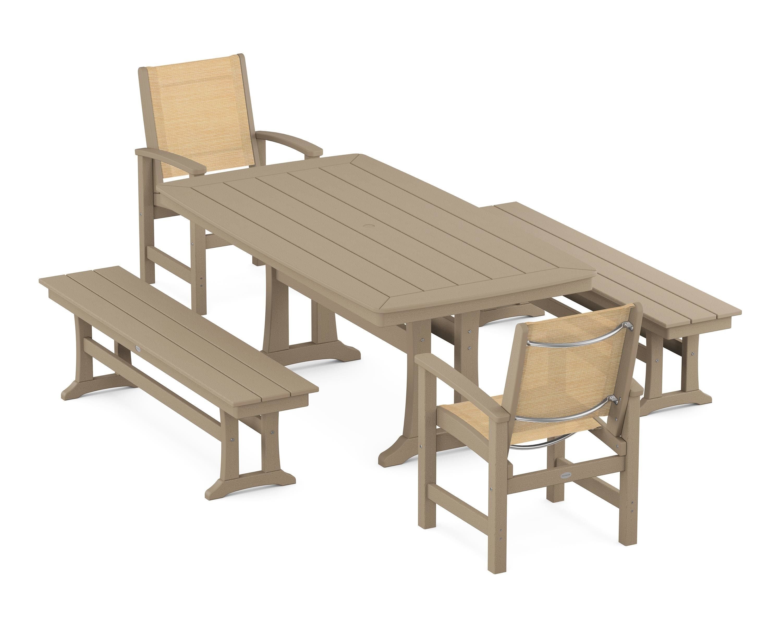 POLYWOOD Coastal 5-Piece Dining Set with Trestle Legs and Benches in Vintage Sahara / Dupioni Apricot Sling